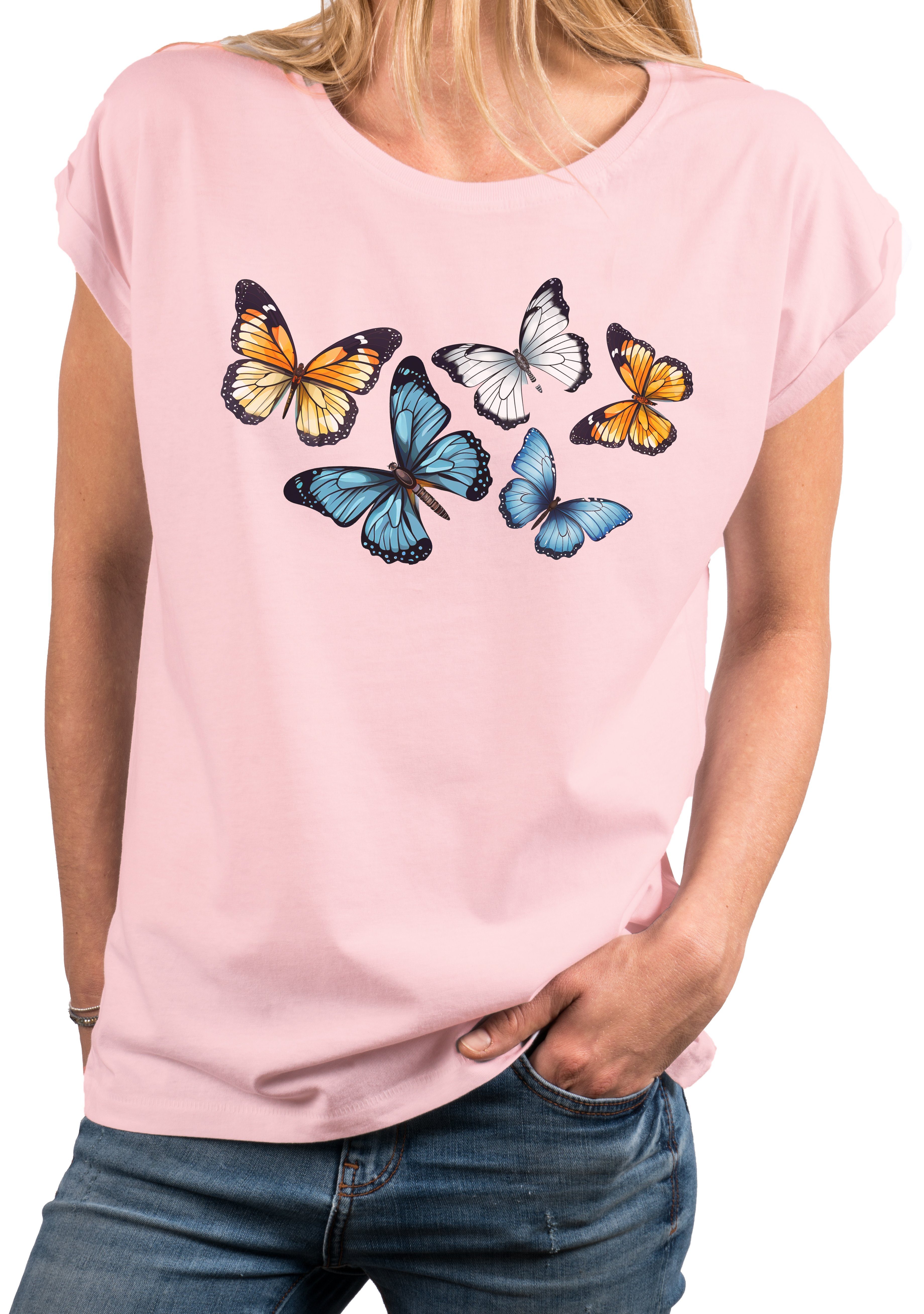 MAKAYA Print-Shirt Damen Kurzarm Baumwolle Schmetterling Butterfly Aufdruck Sommer Top mit Druck, große Größen, Baumwolle Rosa