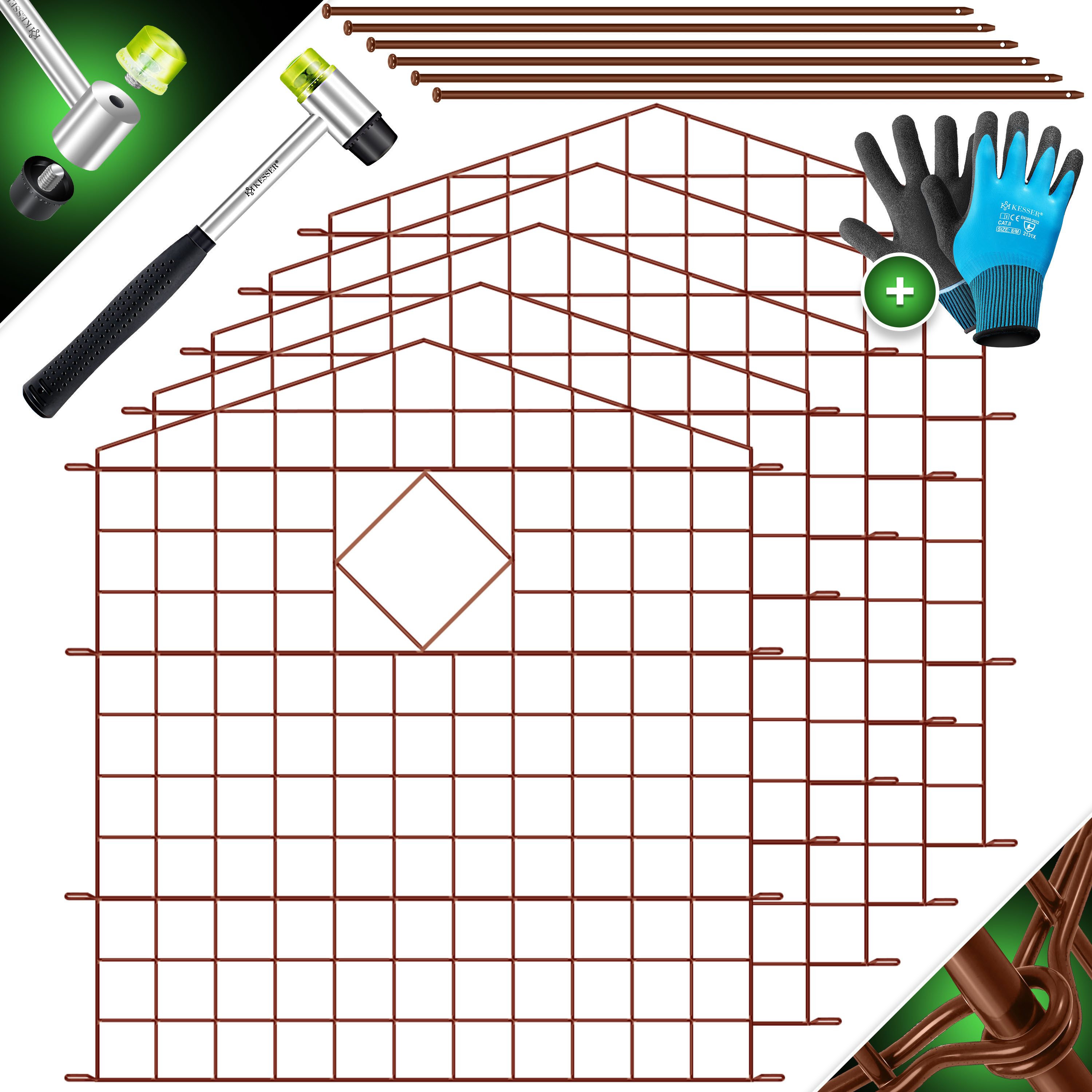 KESSER Zaun Teichzaun Gartenzaun Steckzaun Komplettset Metall Zaun für Garten, (Inkl. Handschuhe, Hammer + Befestigungsstäben), Zaun zum stecken für Garten, Gitterzaun Set Freigehege für Tiere