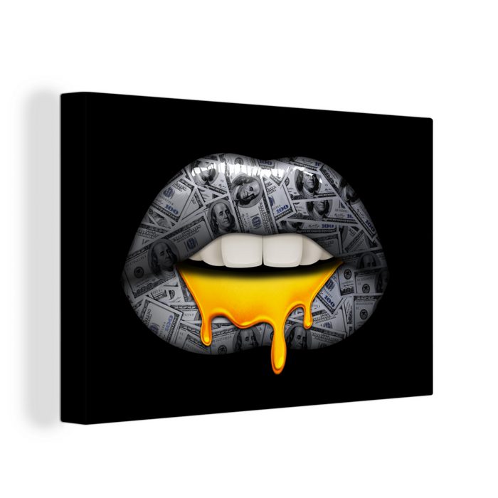 OneMillionCanvasses® Leinwandbild Lippen - Geld - Schwarz und Weiß (1 St) Wandbild Leinwandbilder Aufhängefertig Wanddeko