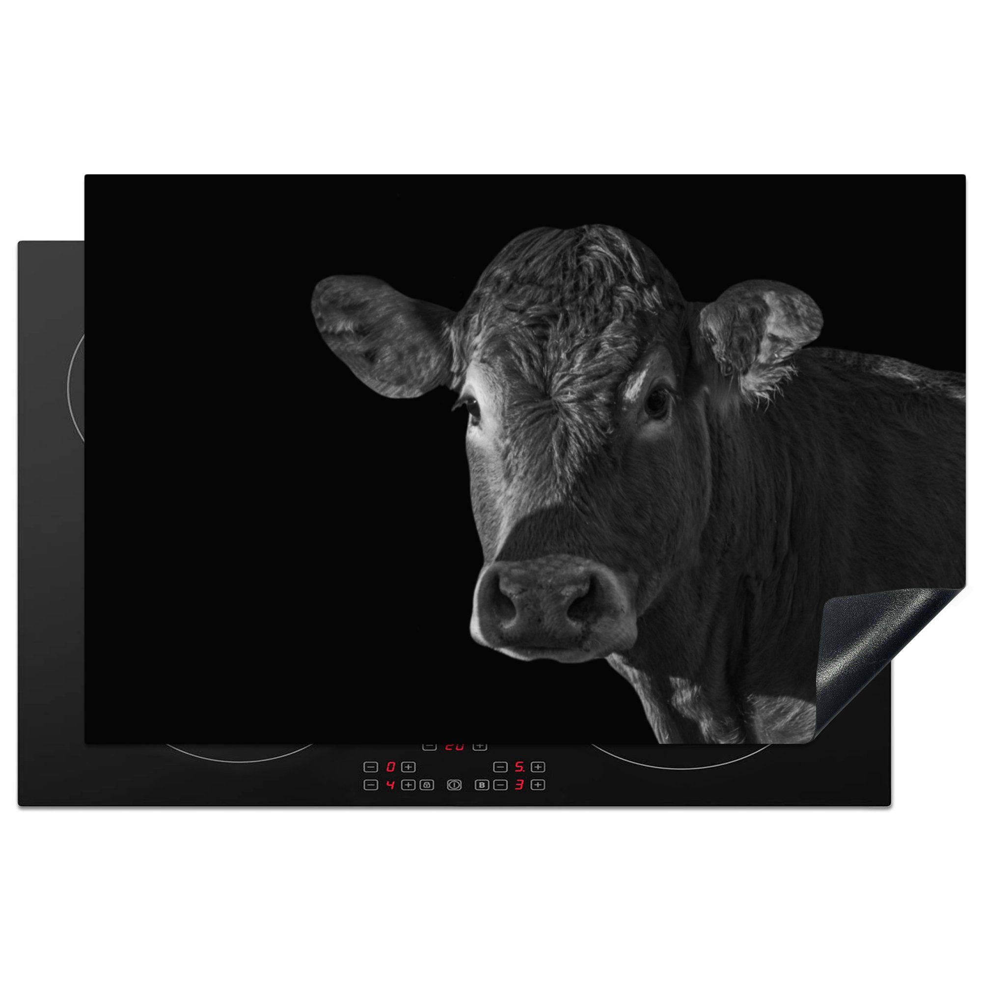 - - 81x52 Kuh (1 für küche cm, - Vinyl, - Schwarz Ceranfeldabdeckung, Herdblende-/Abdeckplatte Arbeitsplatte MuchoWow tlg), Porträt, Weiß Tiere