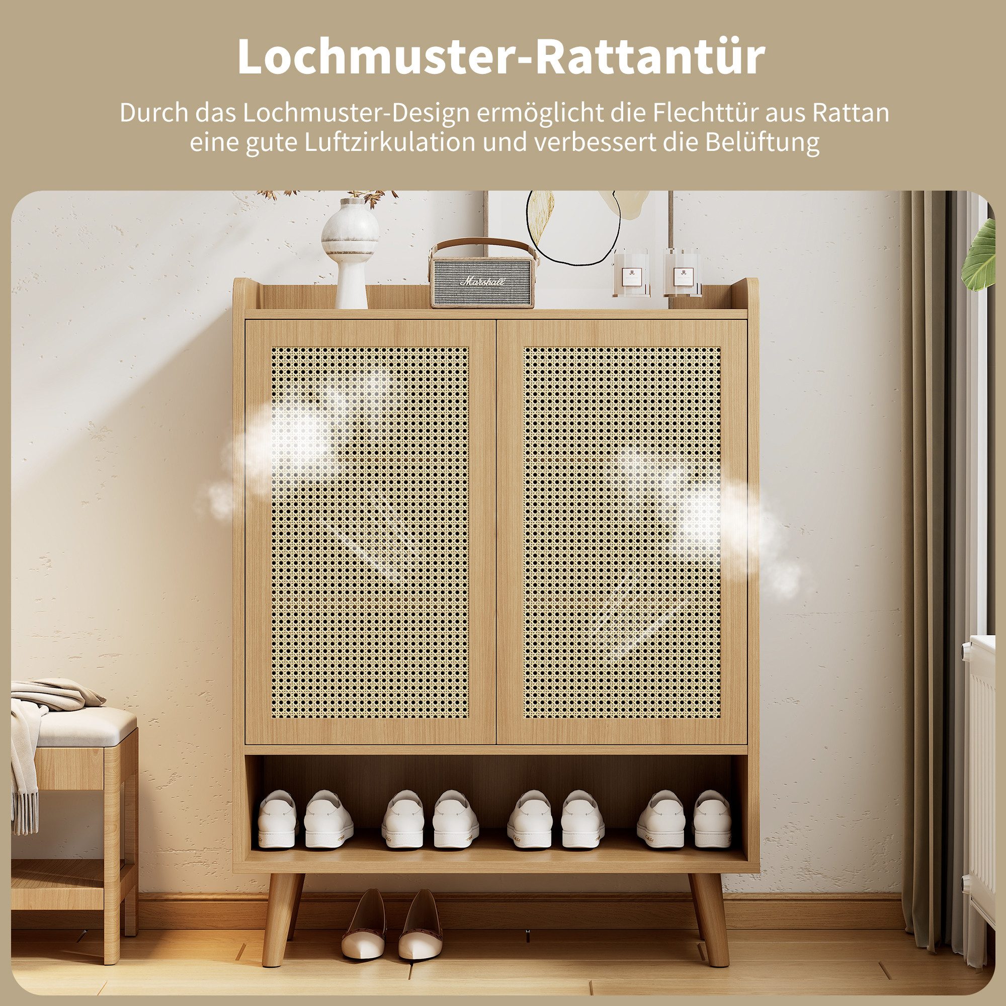 REDOM Schuhschrank aus natürlichem Rattan (1-St) mit 2 Türen und 5 Regalböden,B80/H105/T35 cm