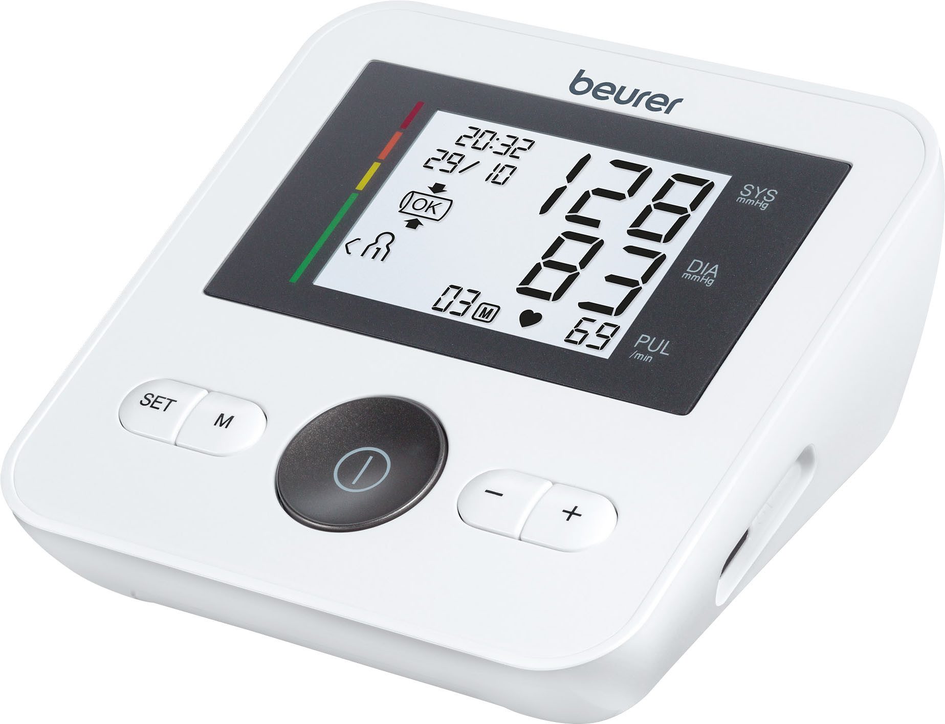 BEURER Oberarm-Blutdruckmessgerät BM 27+ mit Arrhythmie-Erkennung und farbiger Messergebnis-Skala, mit Manschetten-Sitzkontrolle und farbiger Messergebnis-Skala