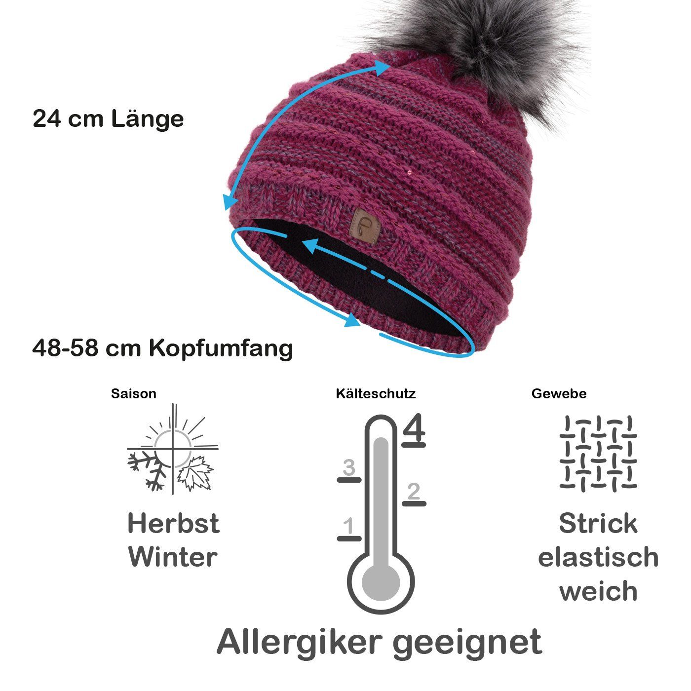 Faera Bommelmütze Wintermütze mit Bommel Damen Mütze Beanie Haube gefüttert Strickmütze