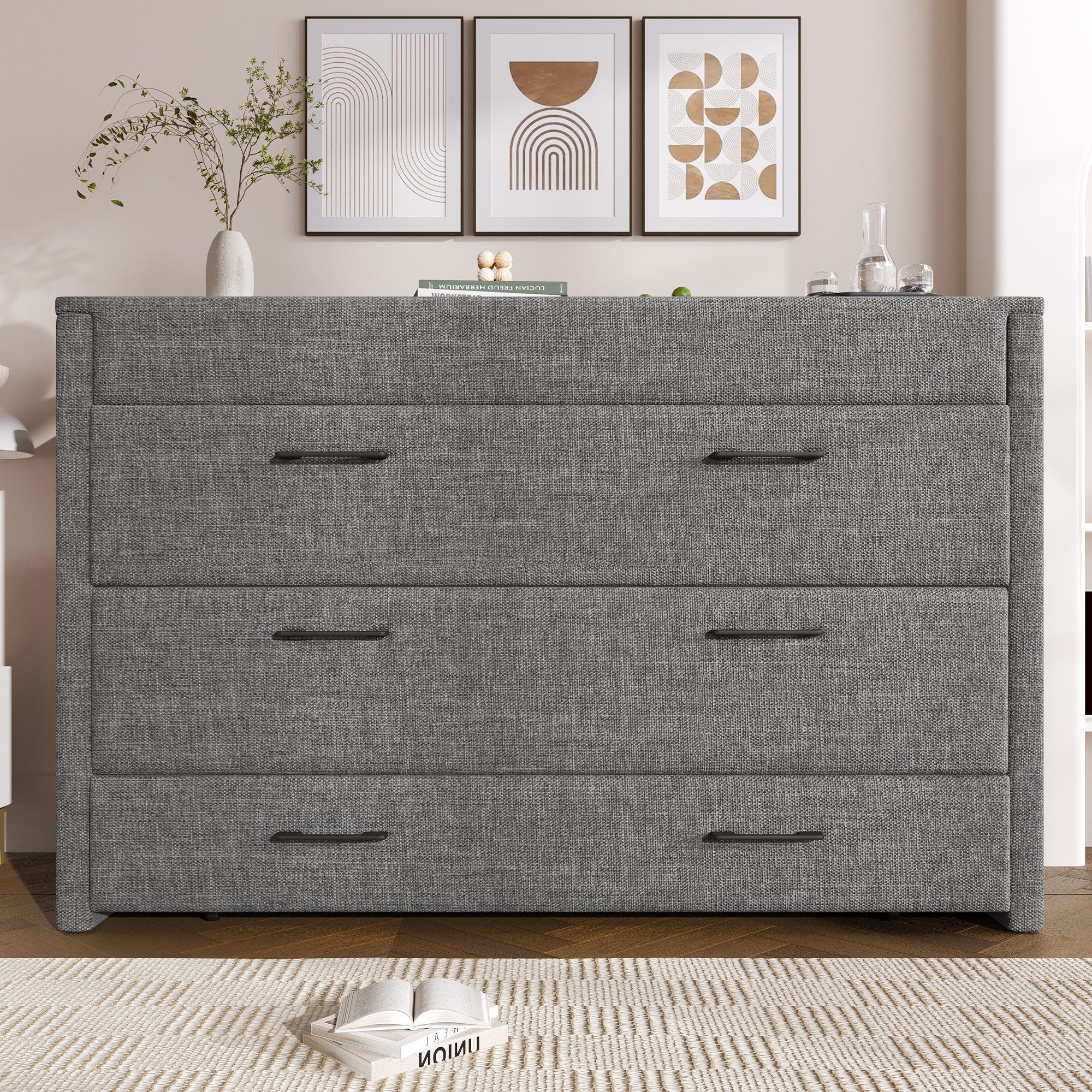 Odikalo Schrankbett Polsterbett Einzelbett 140x200 mit Schublade und USB (Mit einer Schublade,Mobiles Schrankbett mit Ablagefach am Bett, mit USB- und Typ-C-Anschlüssen, Umbaubares Plattformbett, Ohne Matratze,Leinen, Beige) /gray