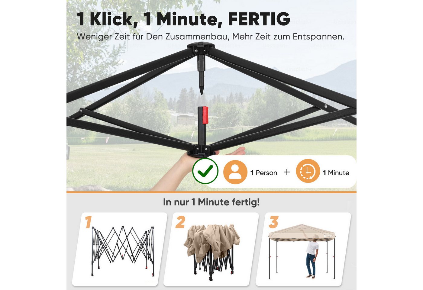 Thumbnail - Sekey Faltpavillon 300x300 cm Pop-Up Pavillon, 3 wählbare Höhen: 270cm, 260cm und 250cm, Wasserdicht, Stabil, Sonnenschu...