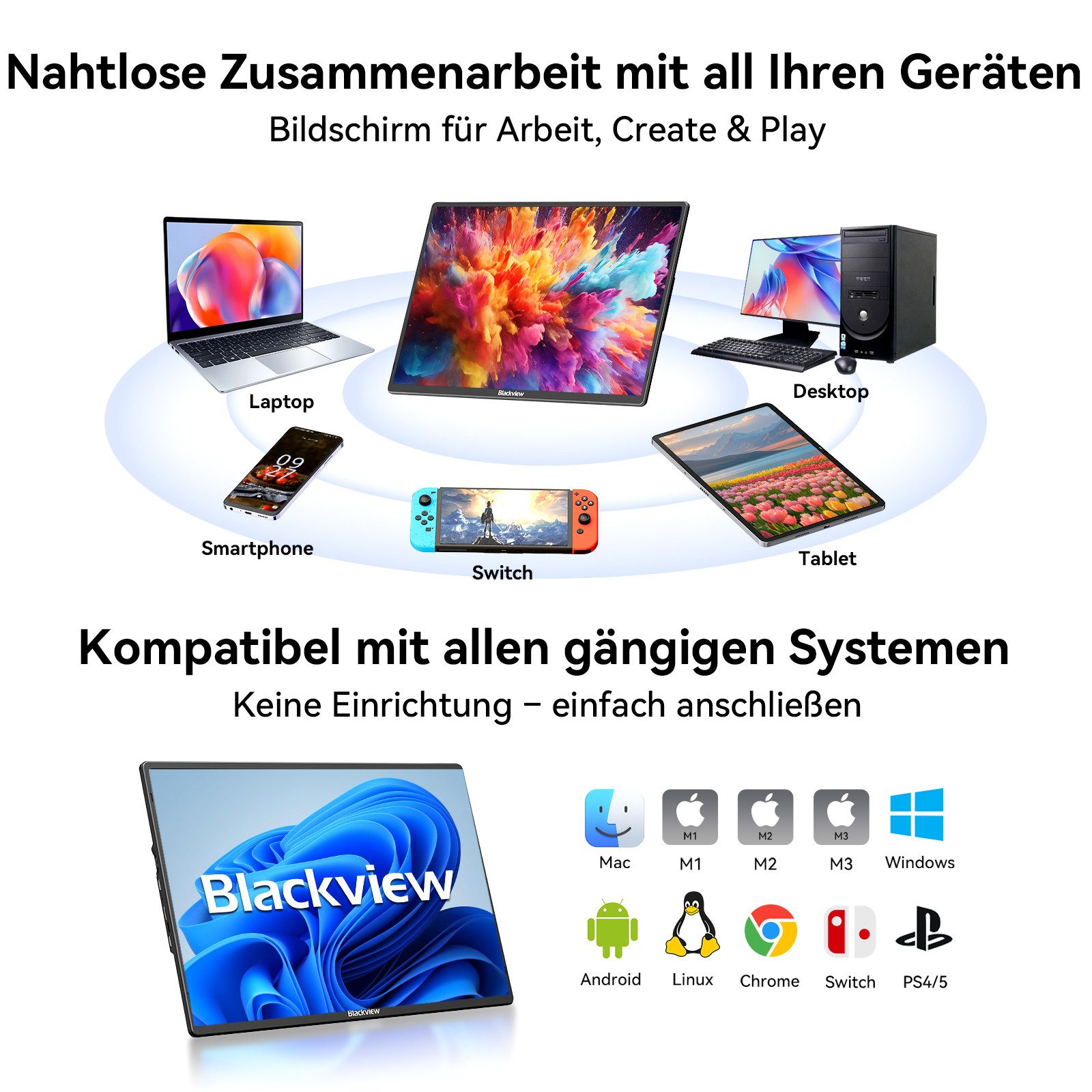 blackview 16 Zoll FHD Laptop Bildschirm Erweiterung Table 9, LCD, IPS, 1920×1200 Portabler Monitor (41 cm/16 ", 1920x1200 px, Full HD, IPS, 360°, Gaming Monitor, Kompatibel mit Windows/Mac/Android/ChromeOS)