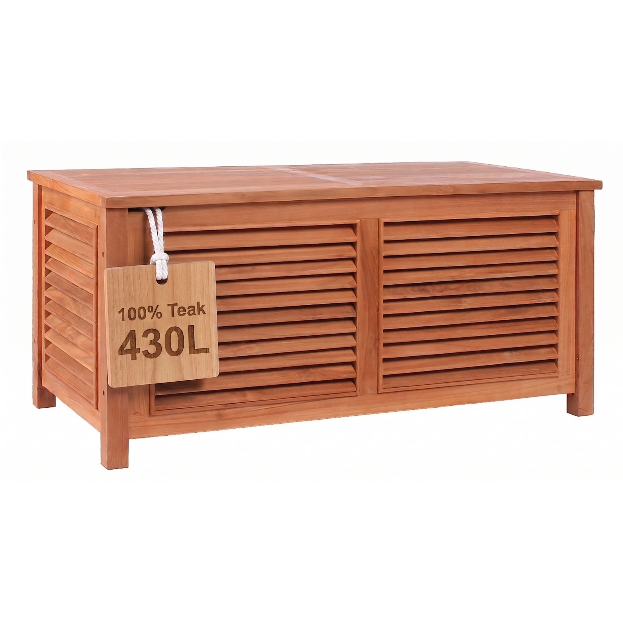MR.DEKO Aufbewahrungsbox Teak Grande II – 124x58x60 cm mit Belüftung & Klappdeckel (1-teilig, 1 St., Auflagenbox aus Teakholz inklusive Aufbauanleitung), Witterungsbeständige Auflagenbox aus Teakholz