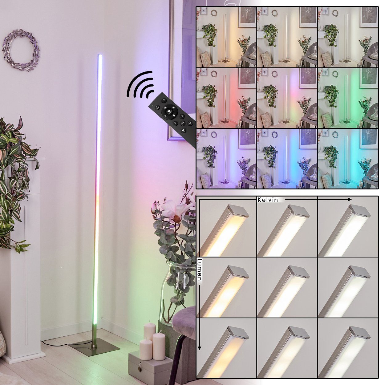 hofstein Stehlampe »Casatenuovo« dimmbare Stehleuchte aus Metall in Nickel-matt/Weiß, 2700 Kelvin, RGB Farbwechsler, Fernbedienung, Memory-Funktion, Regenbogen-Effekt