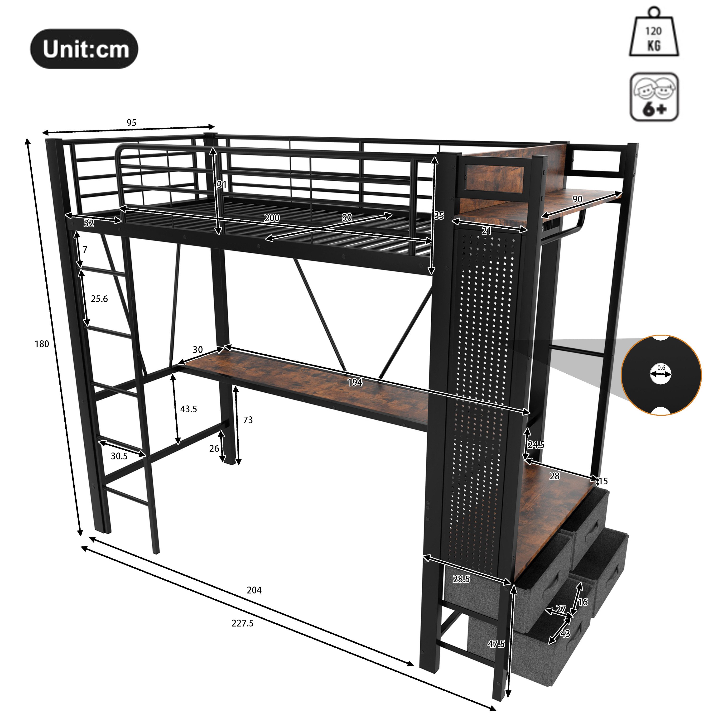 Ulife Hochbett mit Trockenstab, Einlegeböden, 4 Schubladen, USB+TYPE-C Stec günstig online kaufen