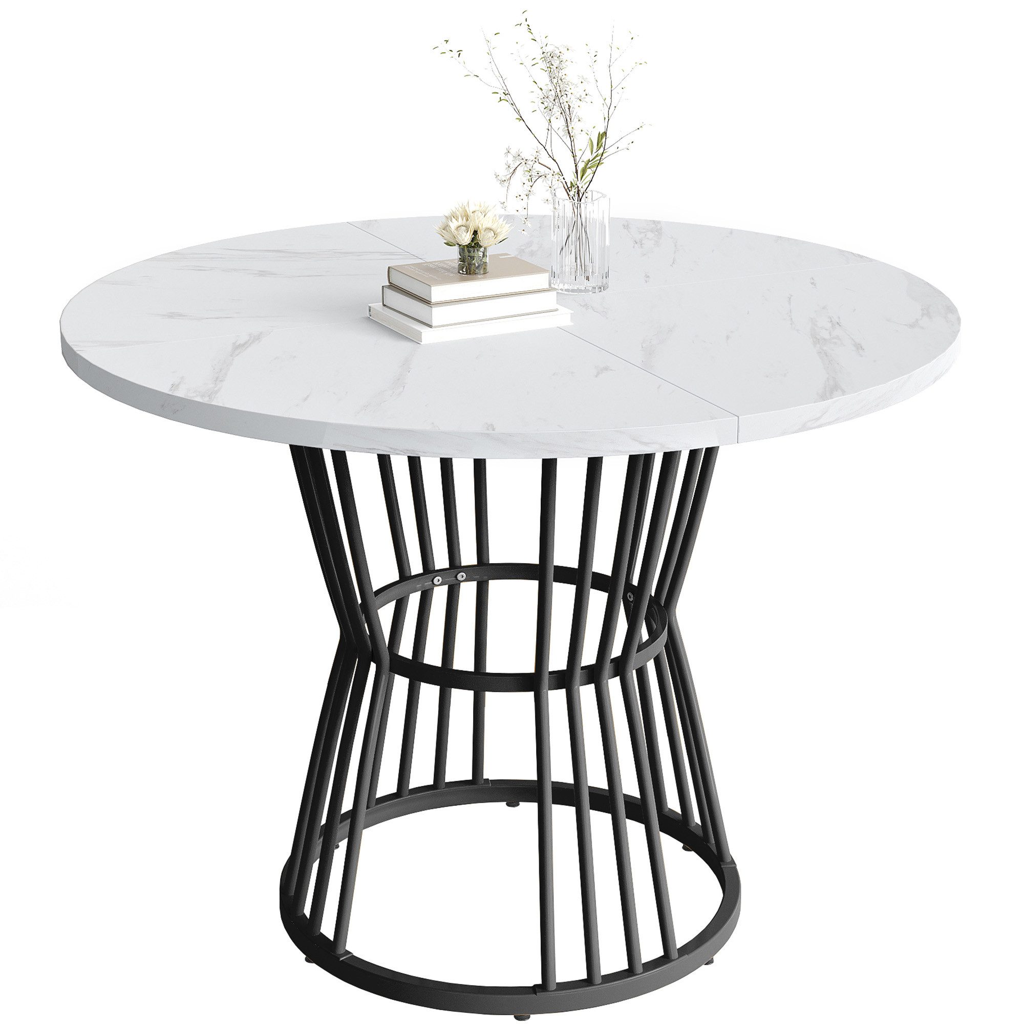 Flieks Esstisch runde Tischplatte in Marmoroptik Weiß (100x75 cm, 1-St., 1 Tisch), Küchentisch Bürotisch Multifunktionstisch, Metallgestell Schwarz – Bild 2 von 5