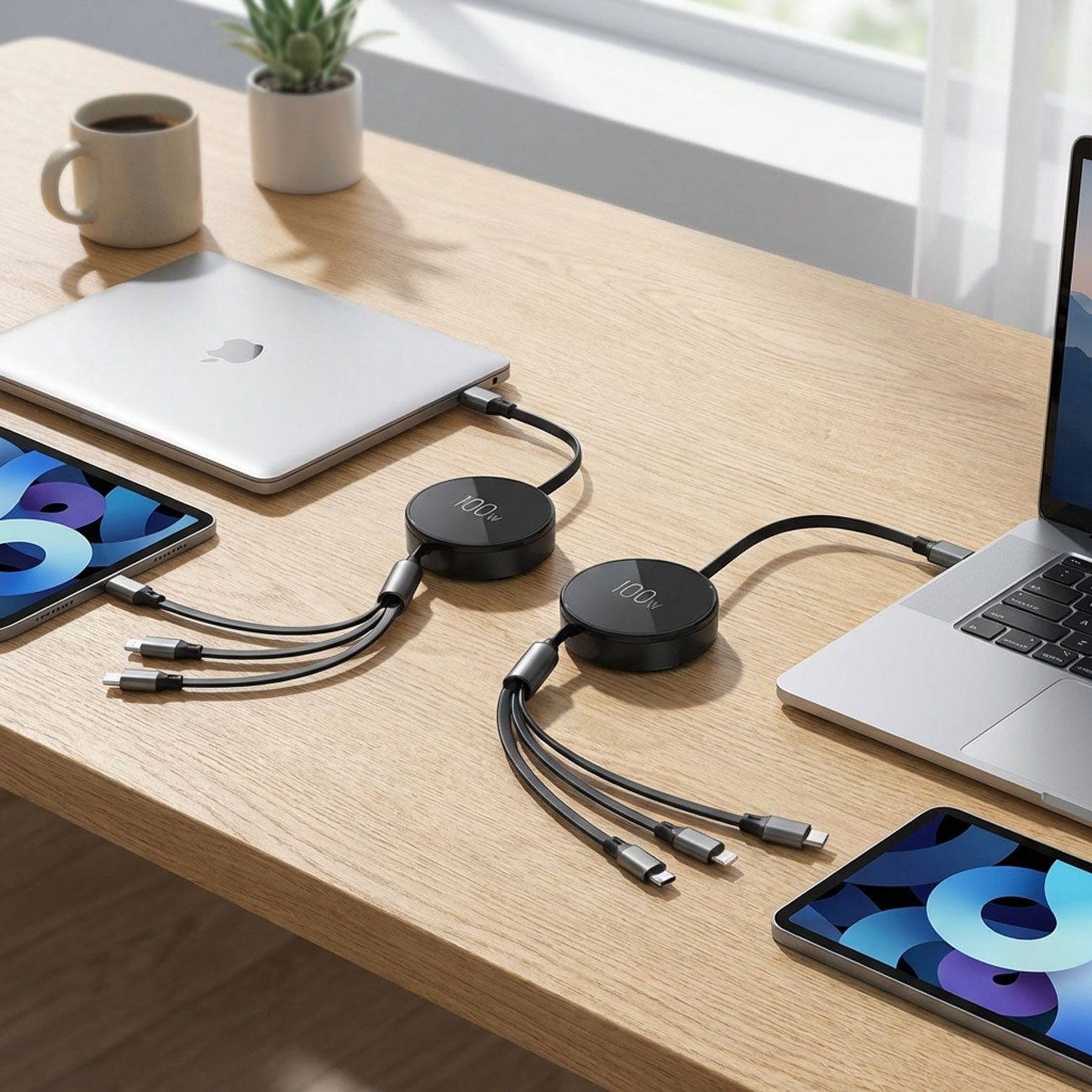 shop'n smile ideoon 3in1 Roll-Ladekabel: 100W Power für Android & iPhone Lightningkabel, USB-C, 1m ausziehbar, extrem robust & ohne Kabelsalat - USB-C