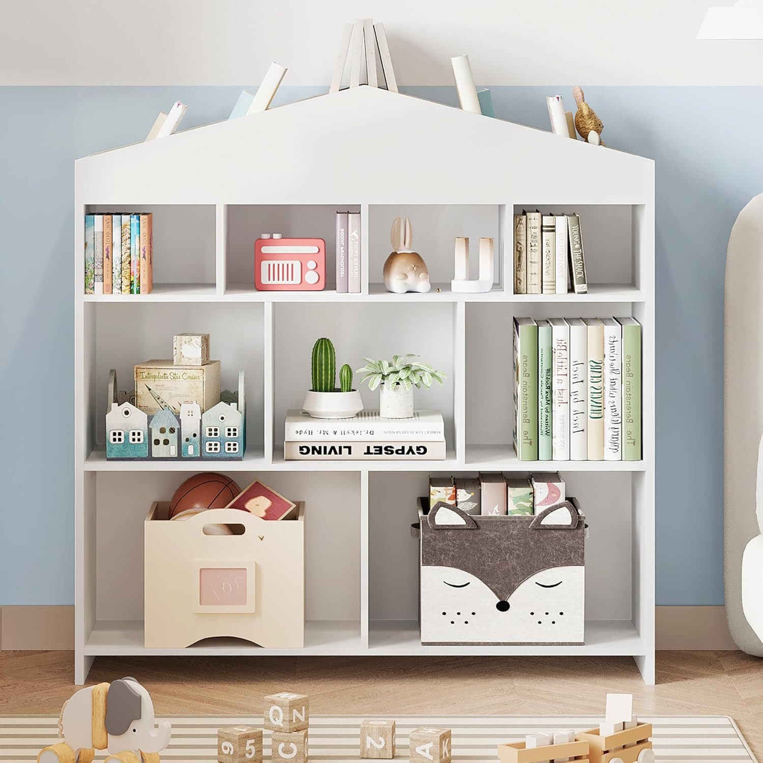 GarveeMore Kinderregal Kinder Bücherregal mit 9 Ablagefächern Puppenhaus Bücherregal