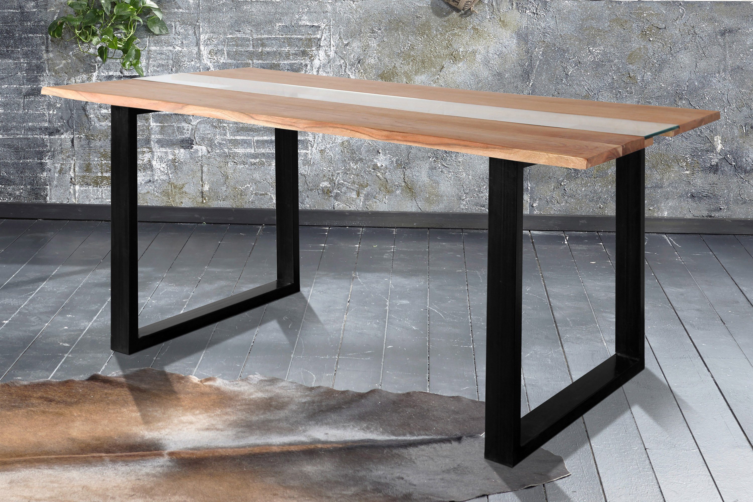 SAM® Esstisch Pedro, Akazienholz, trendig mit Glaseinsatz, Metallgestell U-Form