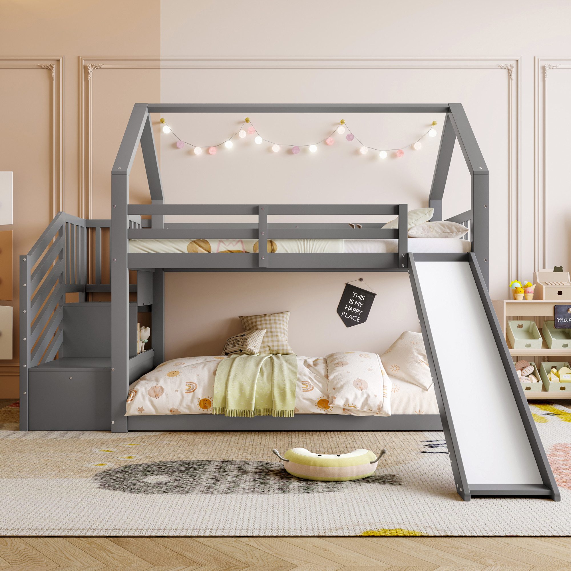 Flieks Etagenbett, Kinderbett mit Treppe & Rutsche & oberem Lattenrost 90x2 günstig online kaufen