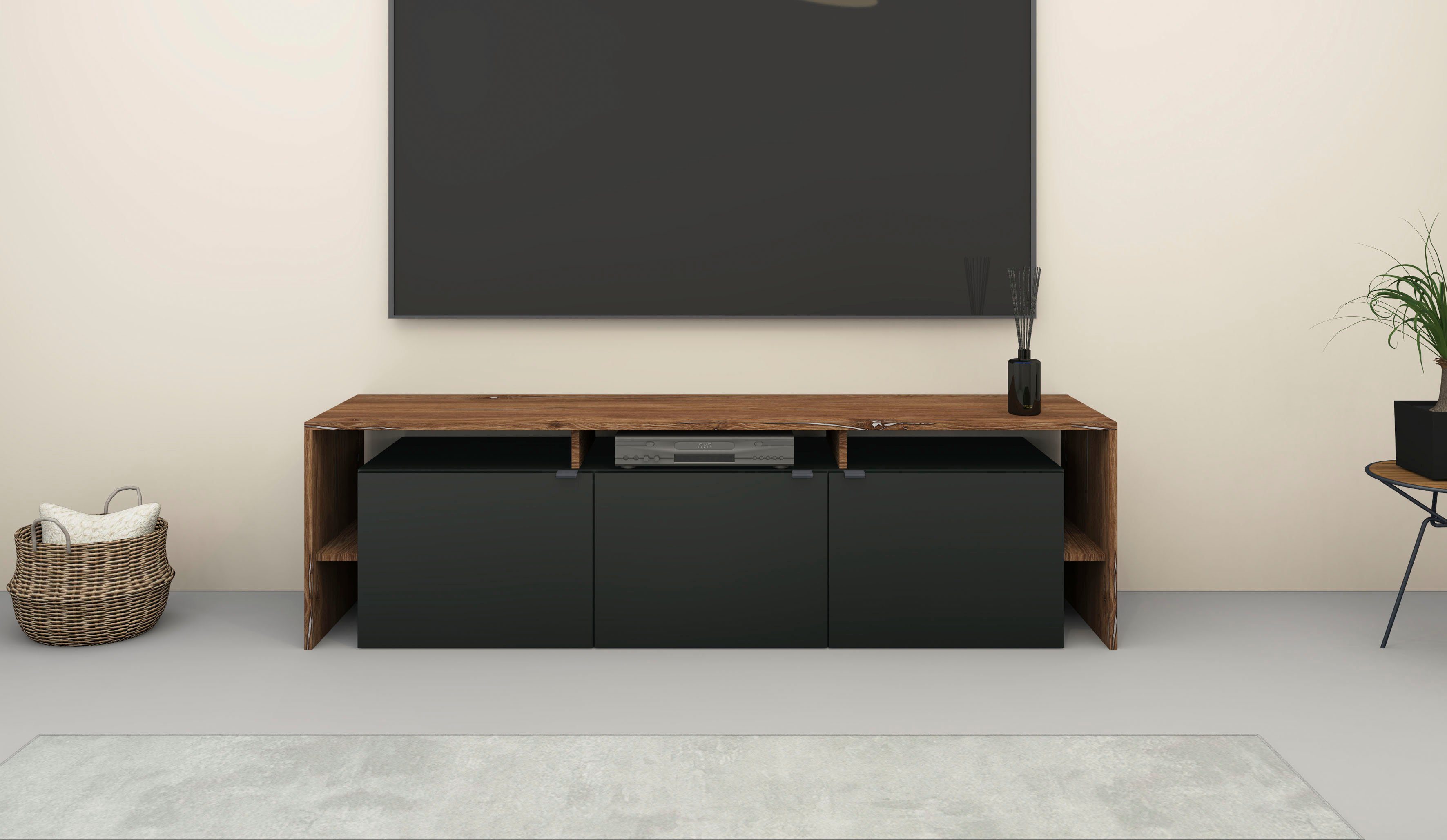 borchardt Möbel TV-Schrank 159 matt / eiche schwarz matt cm, | vintage mit schwarz Überbau Sophia Breite