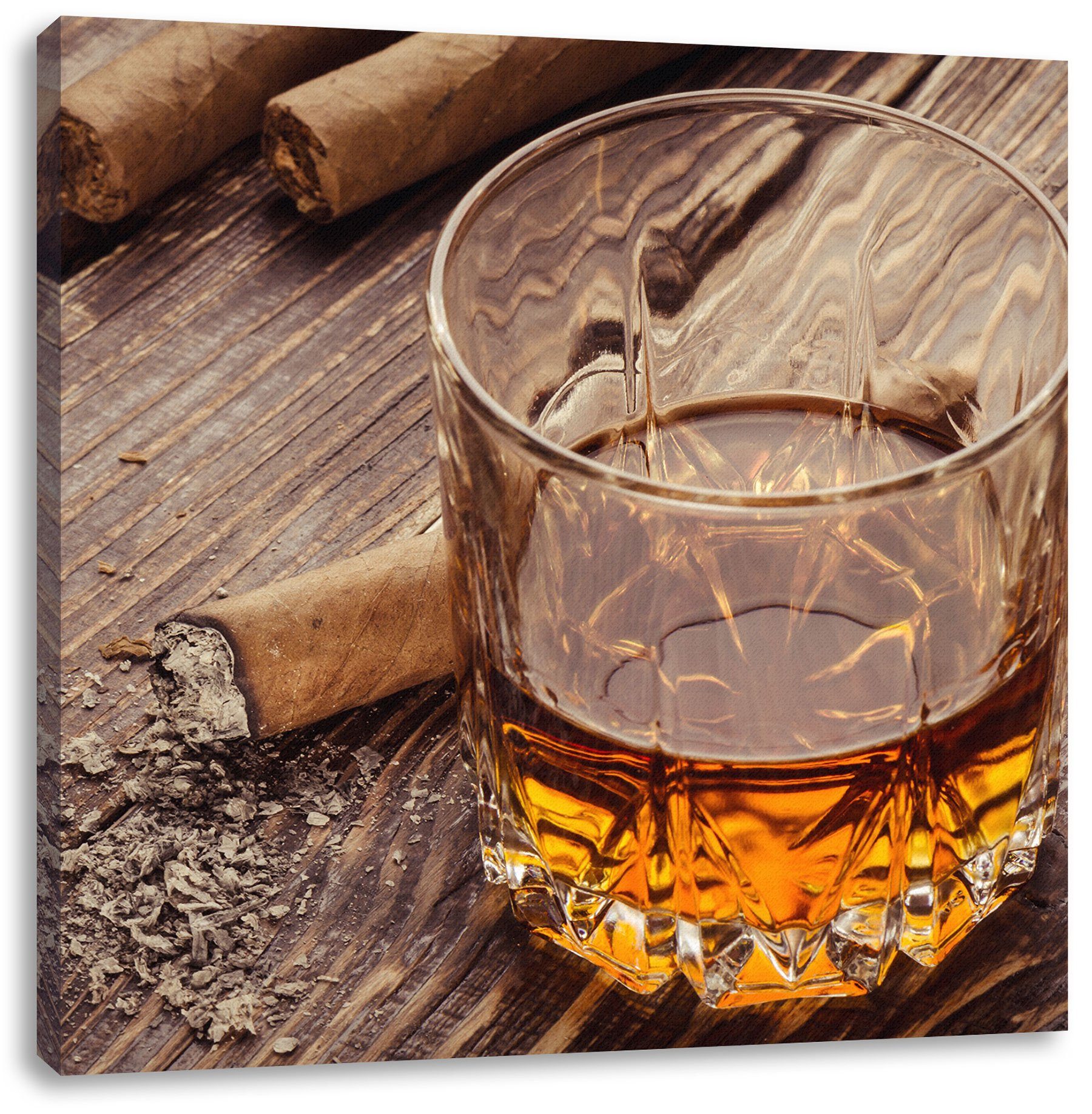 Leinwandbild bespannt, inkl. St), Zigarre, Whisky Whisky mit fertig (1 Pixxprint Zackenaufhänger mit Zigarre Leinwandbild