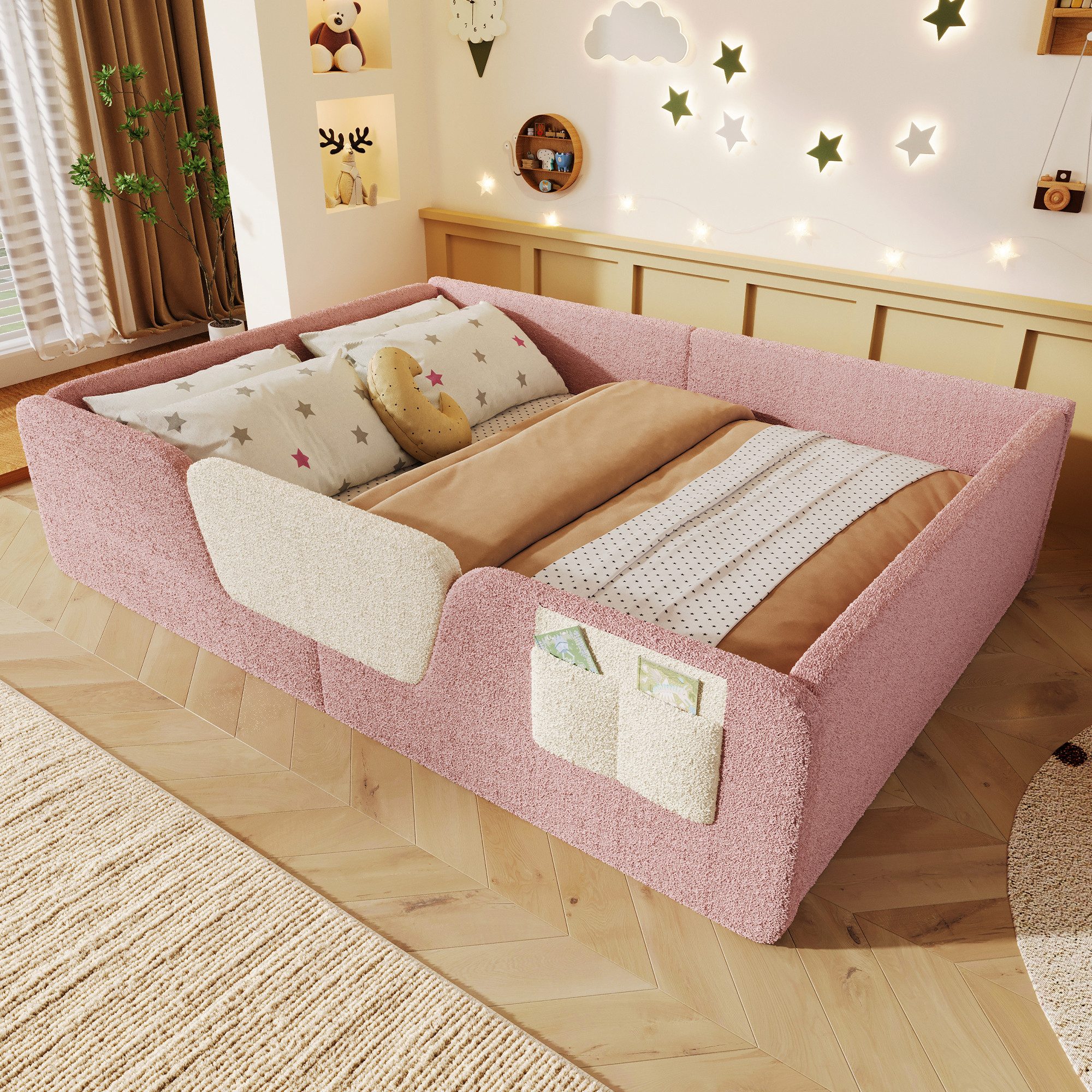 Merax Polsterbett 140x190cm mit abnehmbarer Sicherheitsleiste (Jugendbett Babybett Einzelbett, 1-tlg), Bodenbett Kinderbett mit Aufbewahrungstasche & Lattenrost, Samtbezug