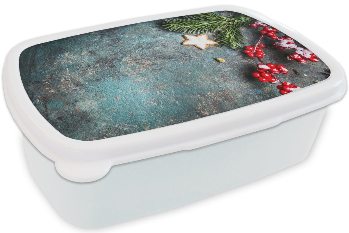 MuchoWow Lunchbox Weihnachten - Rustikal Kunststoff, weiß Zweige Mädchen - Rot, - Jungs - Brotdose, Kinder für Brotbox und und Erwachsene, (2-tlg), Beeren Sternanis - für