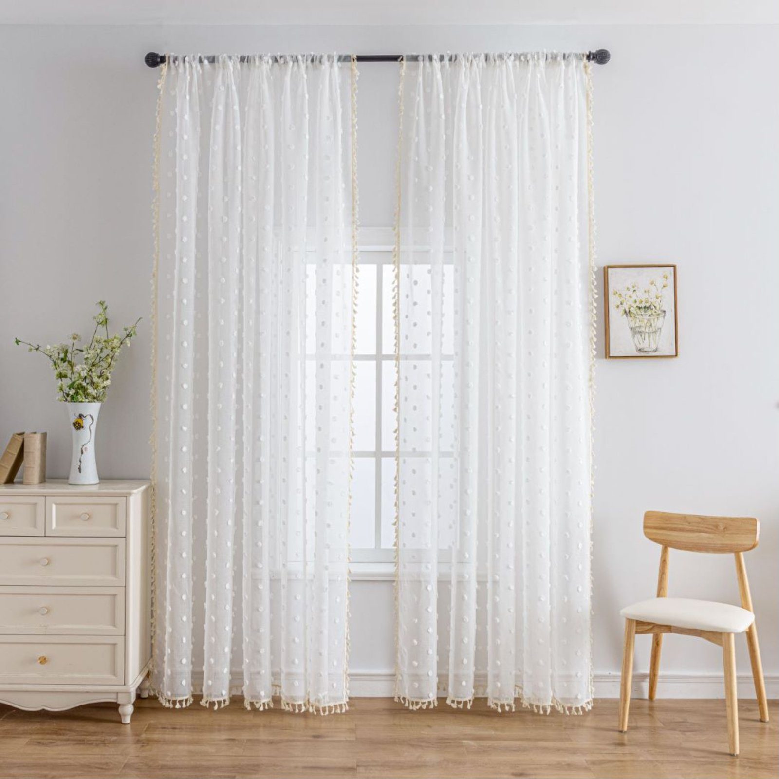 Gardine, HOMEIDEAS, Stangendurchzug (2 St), halbtransparent, Polyester, Pompoms Vorhänge, Gepunktete Textur, Boho, Weiß, 140 × 225 cm