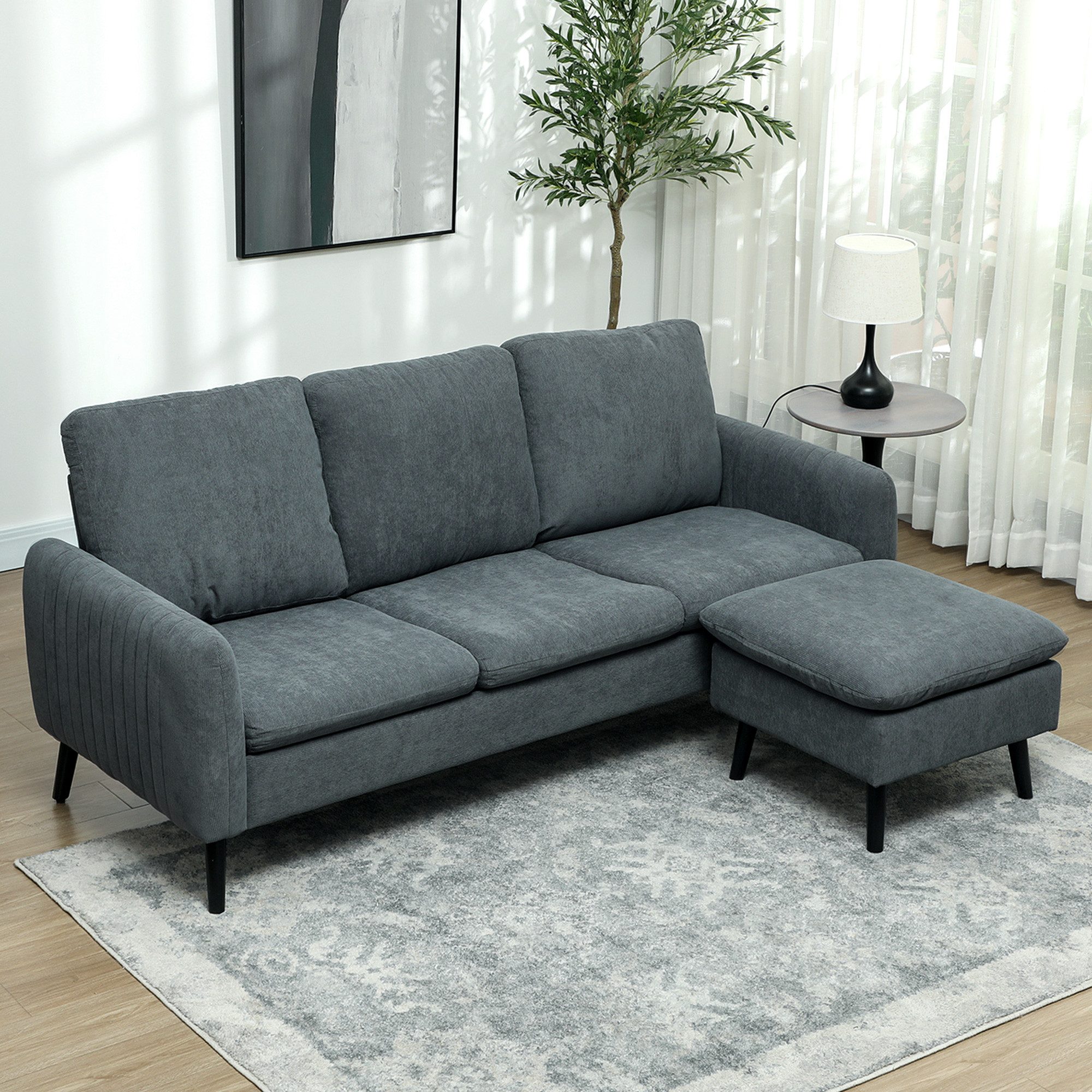 HOMCOM Ecksofa Sofa mit Fußhocker, 3 Wurfkissen, Cord-Optik für Wohnzimmer, Eckcouch 1 Teile, L-förmiges Couch, Dunkelgrau