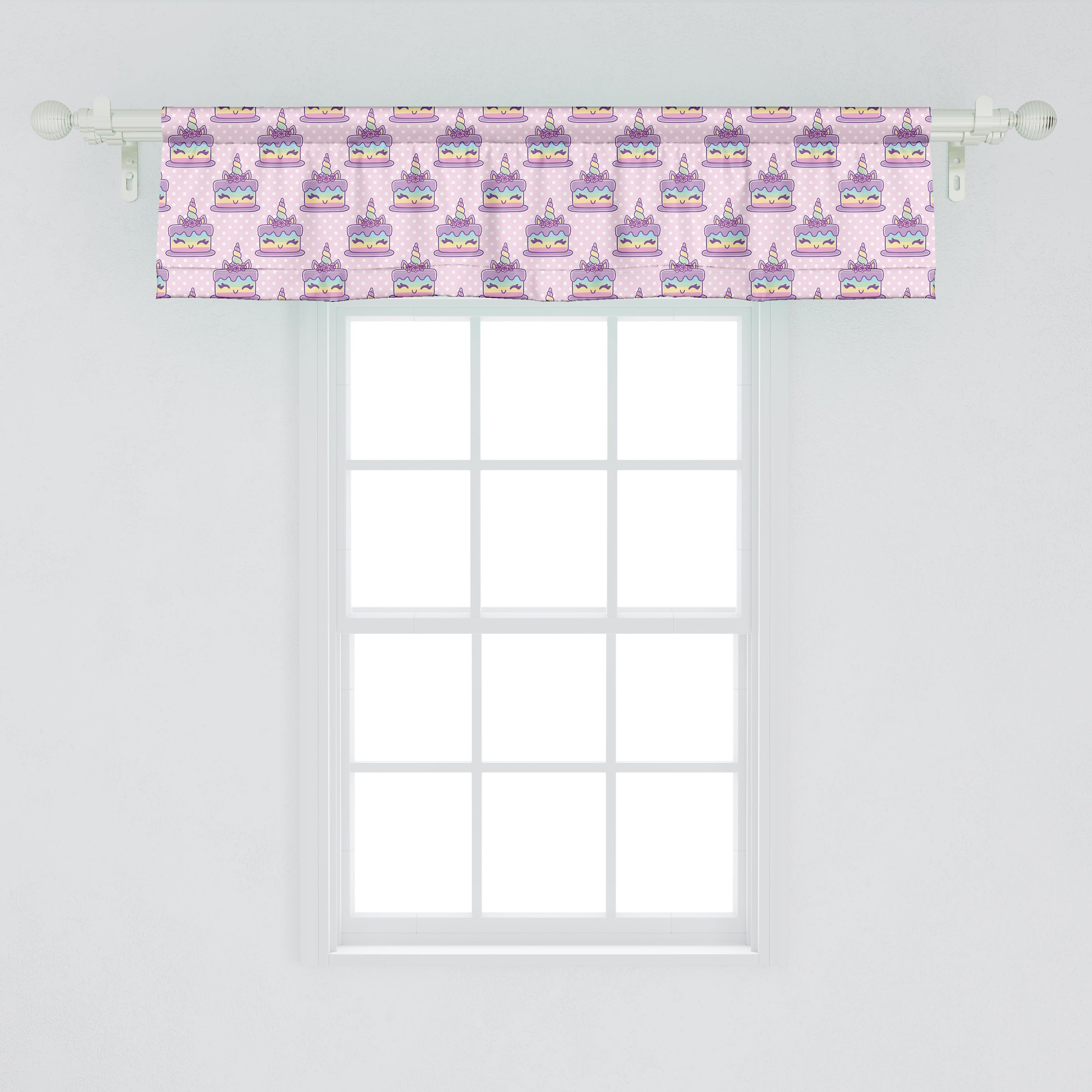 Scheibengardine Microfaser, für Abakuhaus, Tupfen Rosa Stangentasche, Dekor mit Einhorn-Kuchen Volant Vorhang Küche Lustige Schlafzimmer