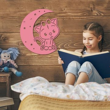 Namofactur LED Dekolicht Wandlampe Mond Katze Holz Wand Deko Lampe Nachtlicht I Kinderzimmer, Ohne Zugschalter/Stern, LED fest integriert, Warmweiß