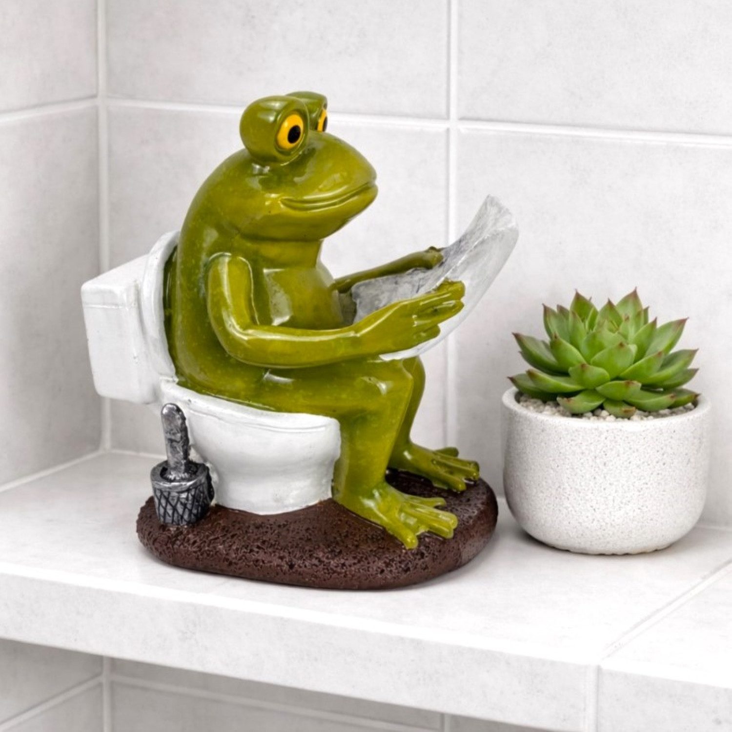 Online-Fuchs Dekofigur Frosch auf der Toilette - Deko für Badezimmer, Gäste-WC - 12,5 cm groß (edler Glossy-Look, wetterfest), auch als Gartenfigur für den Außenbereich geeignet