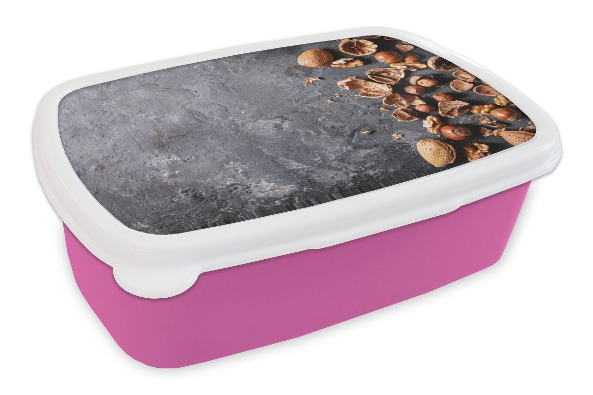 MuchoWow Lunchbox Nüsse - Herbst - Küche - Industrie, Kunststoff, (2-tlg), Brotbox für Erwachsene, Brotdose Kinder, Snackbox, Mädchen, Kunststoff rosa
