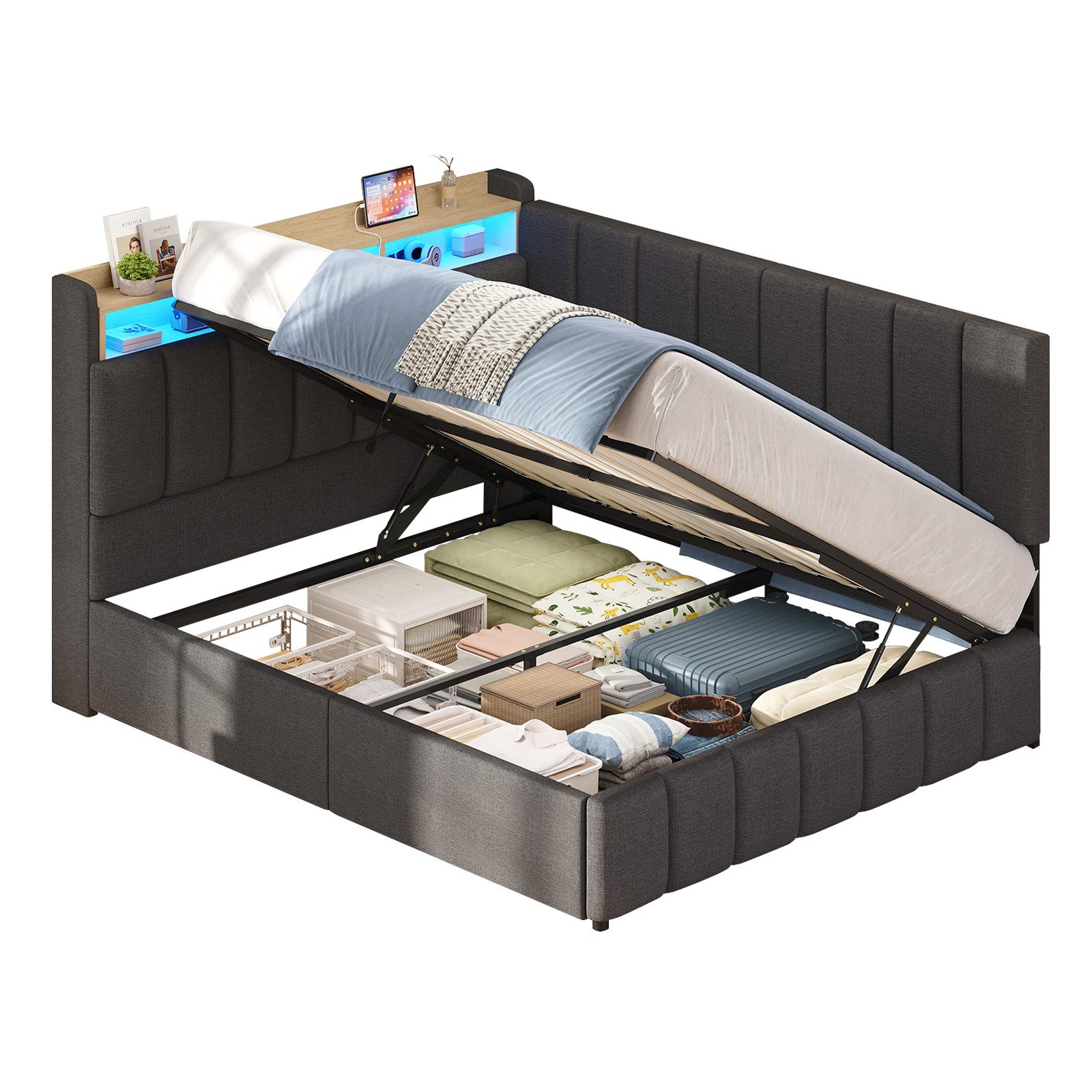 KIMENICH Jugendbett Polsterbett mit LED, Ladestation & Bettkas, Daybett, Schlafsofa (Ohne Matratze), Tagesbett für Schlaf- und Gästezimmer in 140 x 190 cm