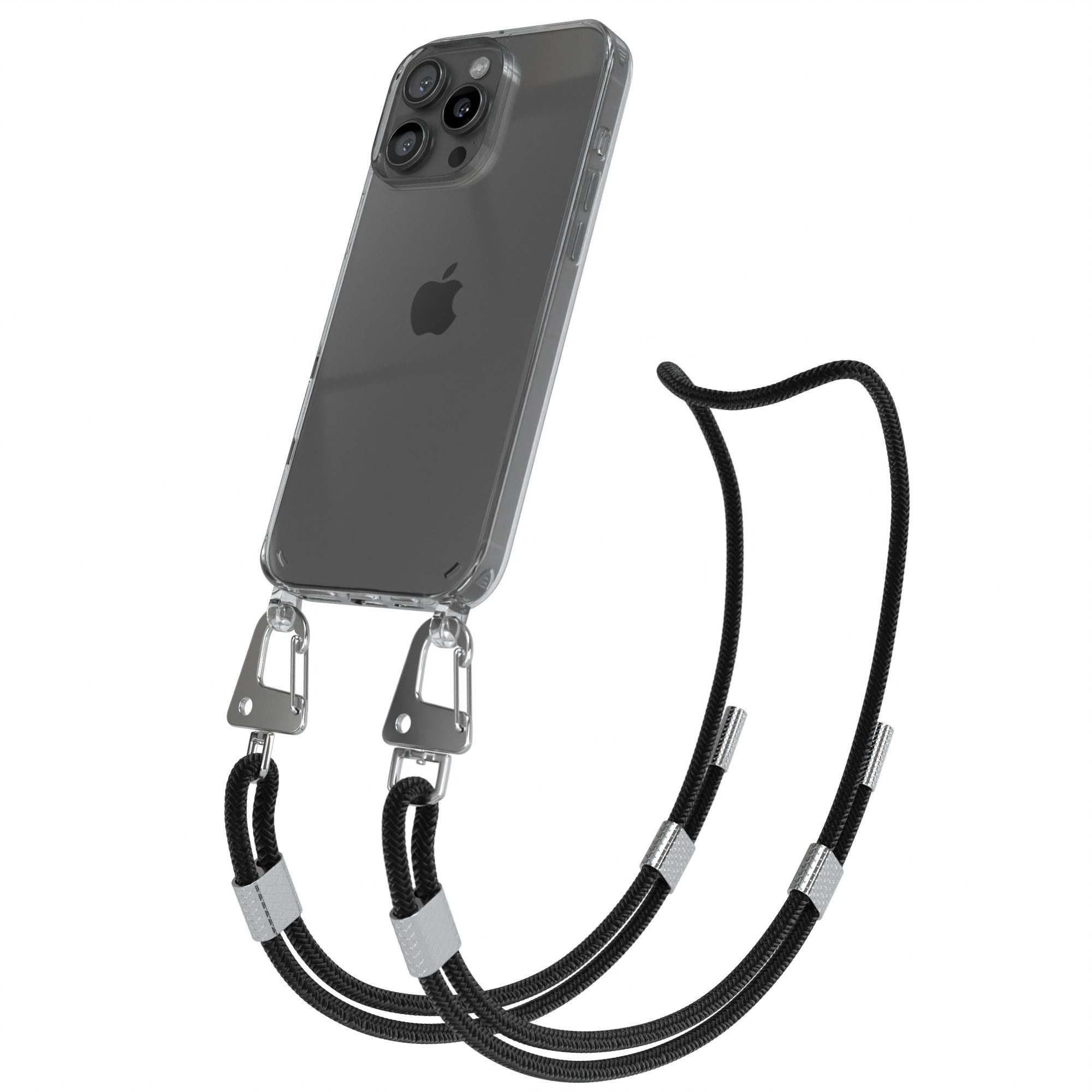 EAZY CASE Handykette Silikonhülle mit Kette für Apple iPhone 16 Pro Max 6,9 Zoll, Ketten Hülle Transparent Case Kettenhülle abnehmbare Kordel Schwarz