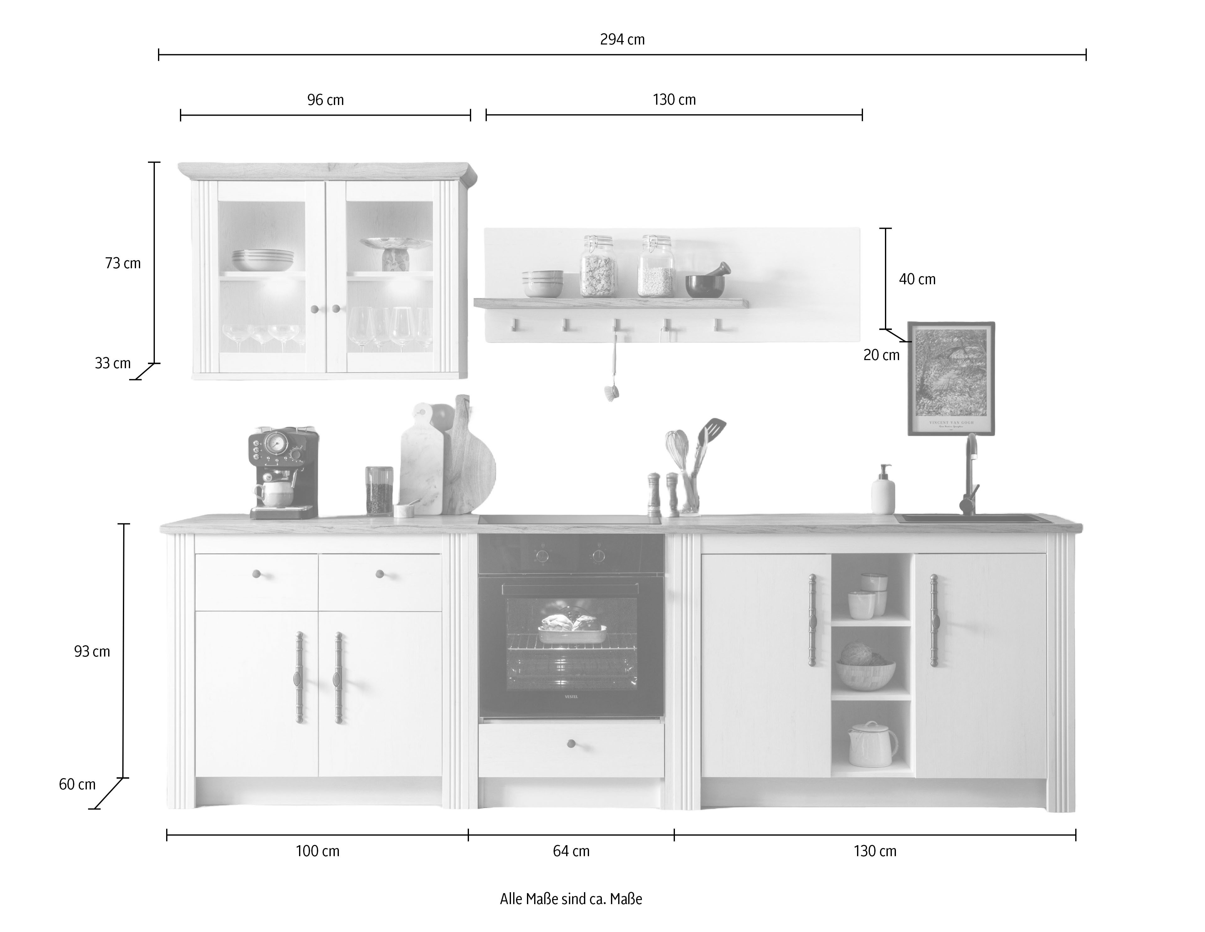 Meuble de cuisine OTTO KS-Westminster, style campagnard, poignées métalliques de haute qualité (ensemble), largeur 294 cm, commode, panneau mural, armoire murale, niche pour plaque de cuisson