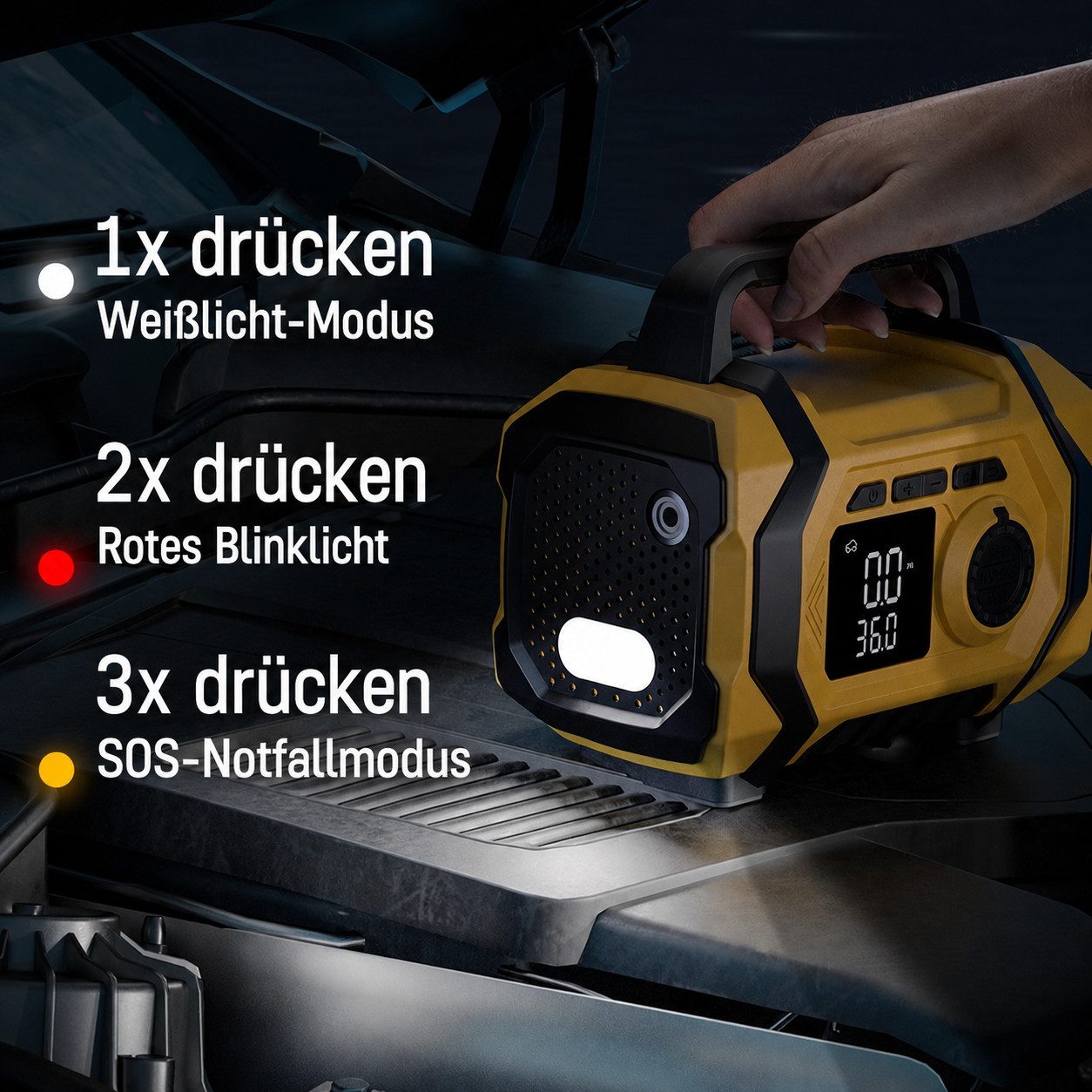 AIBISTAR Auto Starthilfe Powerbank mit 150PSI,6-in-1 Autobatterie-Ladegerät Autobatterie-Ladegerät (14-tlg., intelligentes LED-Display,SOS-Modus, 8000mAh,Powerbank-Funktion,Blasfunktion,Vakuumfunktion,Notstromquelle)