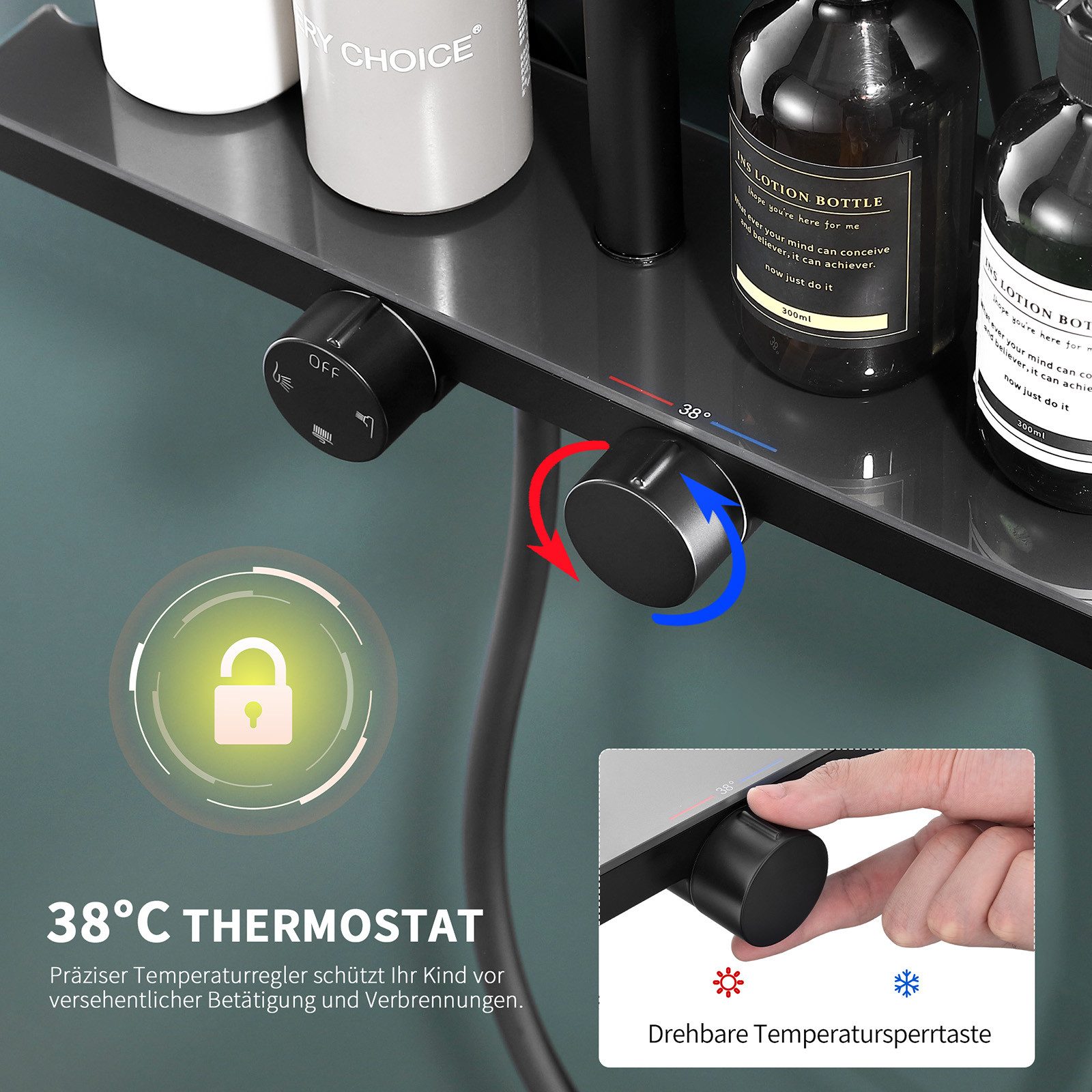 HOMELODY Duschsystem mit Thermostat und Glasablage in Schwarz,Brausegarnitur, 3 Strahlart(en), 12 Zoll Regendusche, 3-Funktions-Handbrause,Schwarz