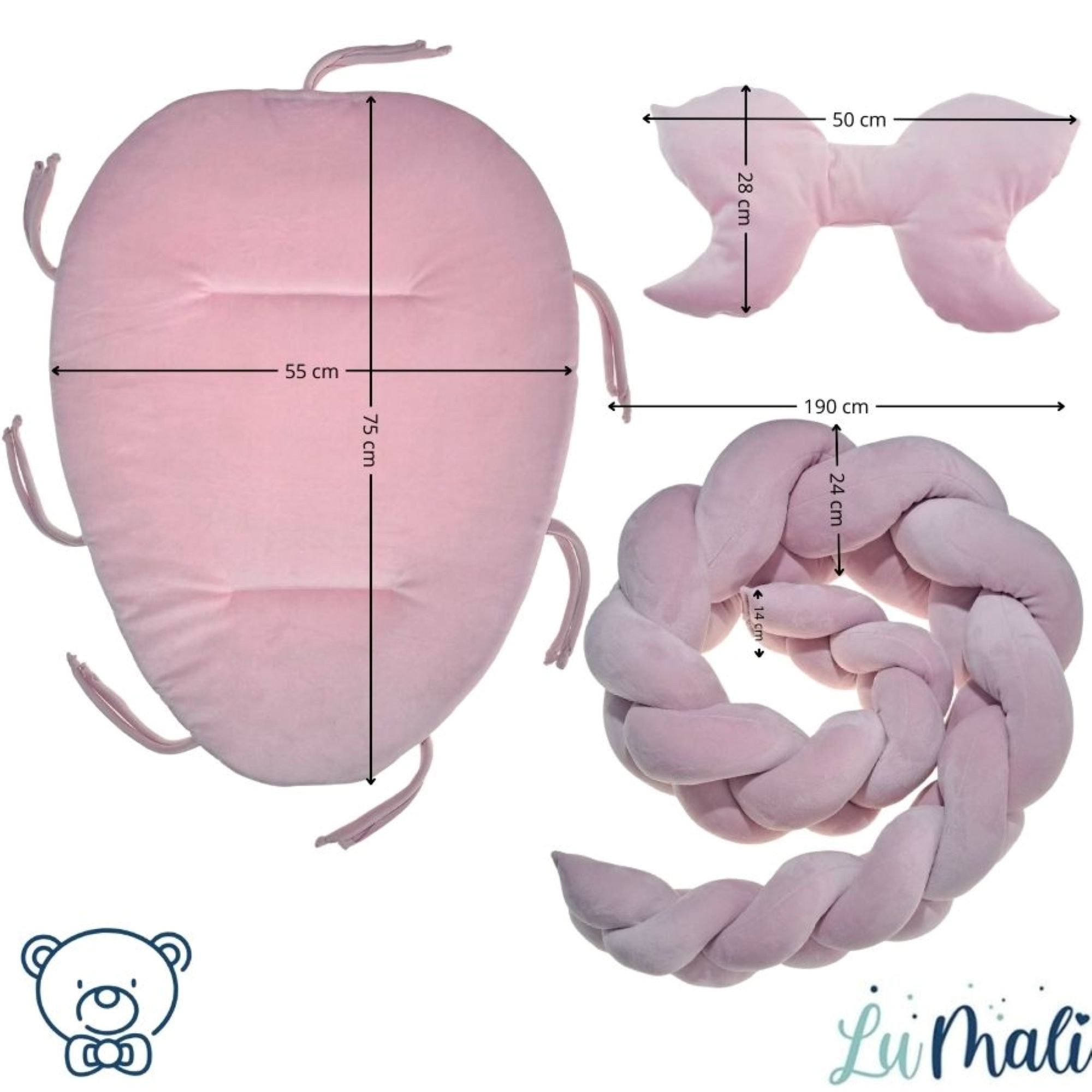 LuMali Kuschelnest 3in1 Babynest XXL Kokon Zopf Matte Kissen superweich wendbar doppelt, (3-teiliges Set: Zopf, Matte, Kissen), Neugeborene Baumwolle Velour antiallergisch wendbar Geschenk Geburt