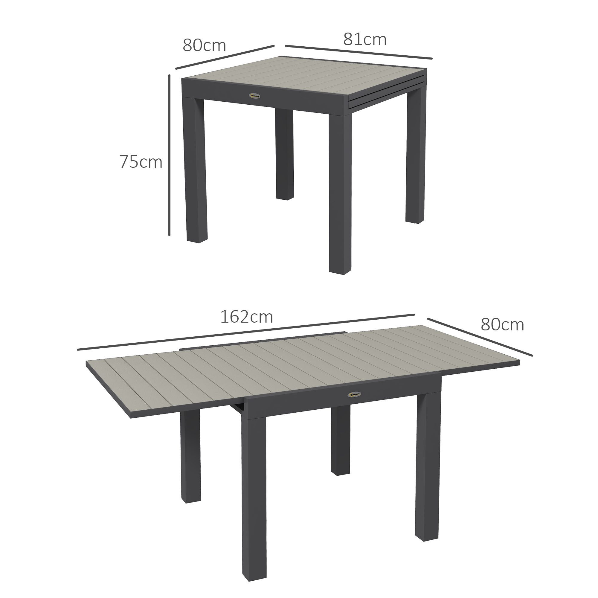 Outsunny Gartentisch Erweiterbarer Esstisch für 6 Personen (Terrassentisch, 1-St., Balkontisch), bis 70 kg belastbar Aluminium Grau 81,162 x 80 x 75 cm