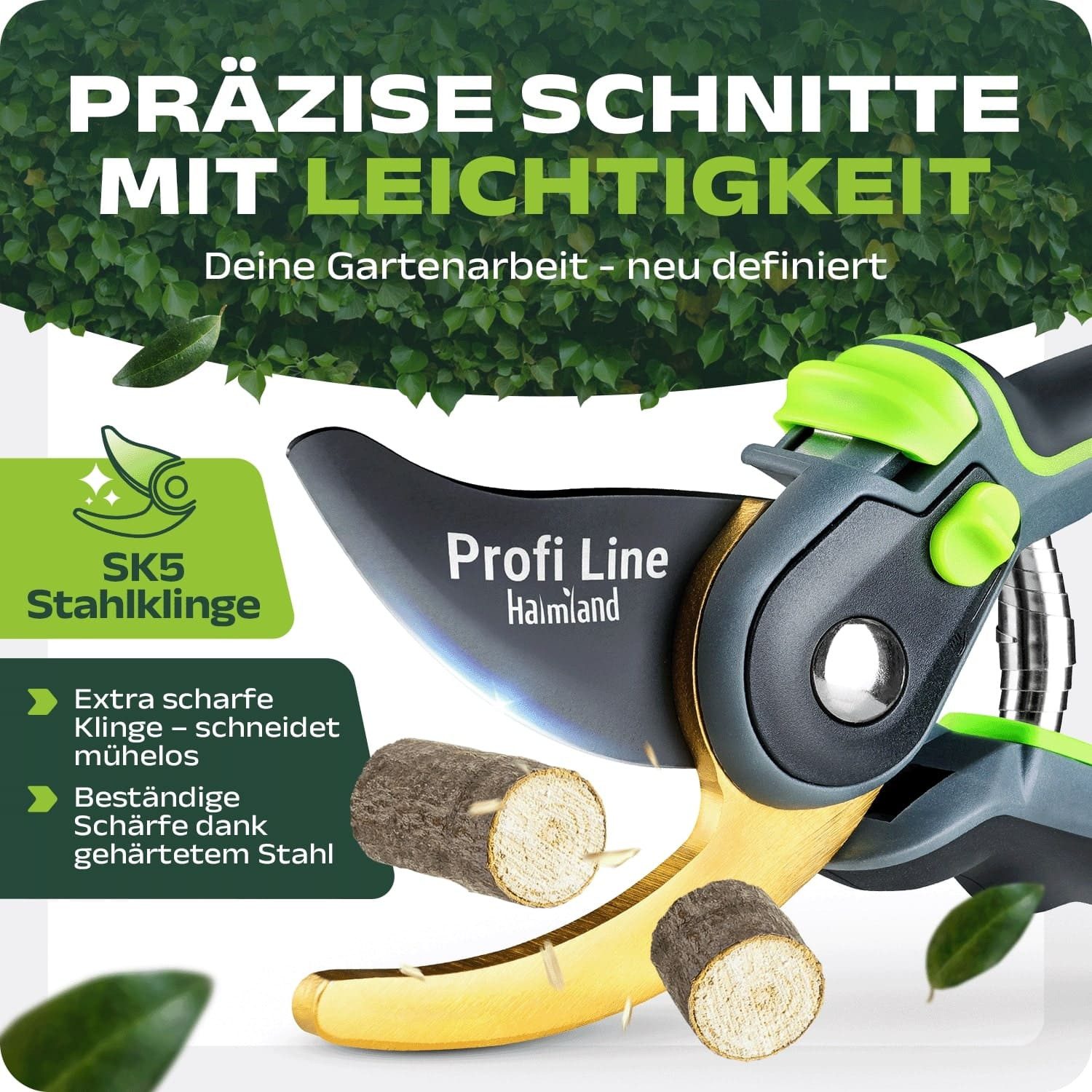 halmland Gartenschere Profi-Gartenschere Bypass SK5 Stahlklinge grün scharf