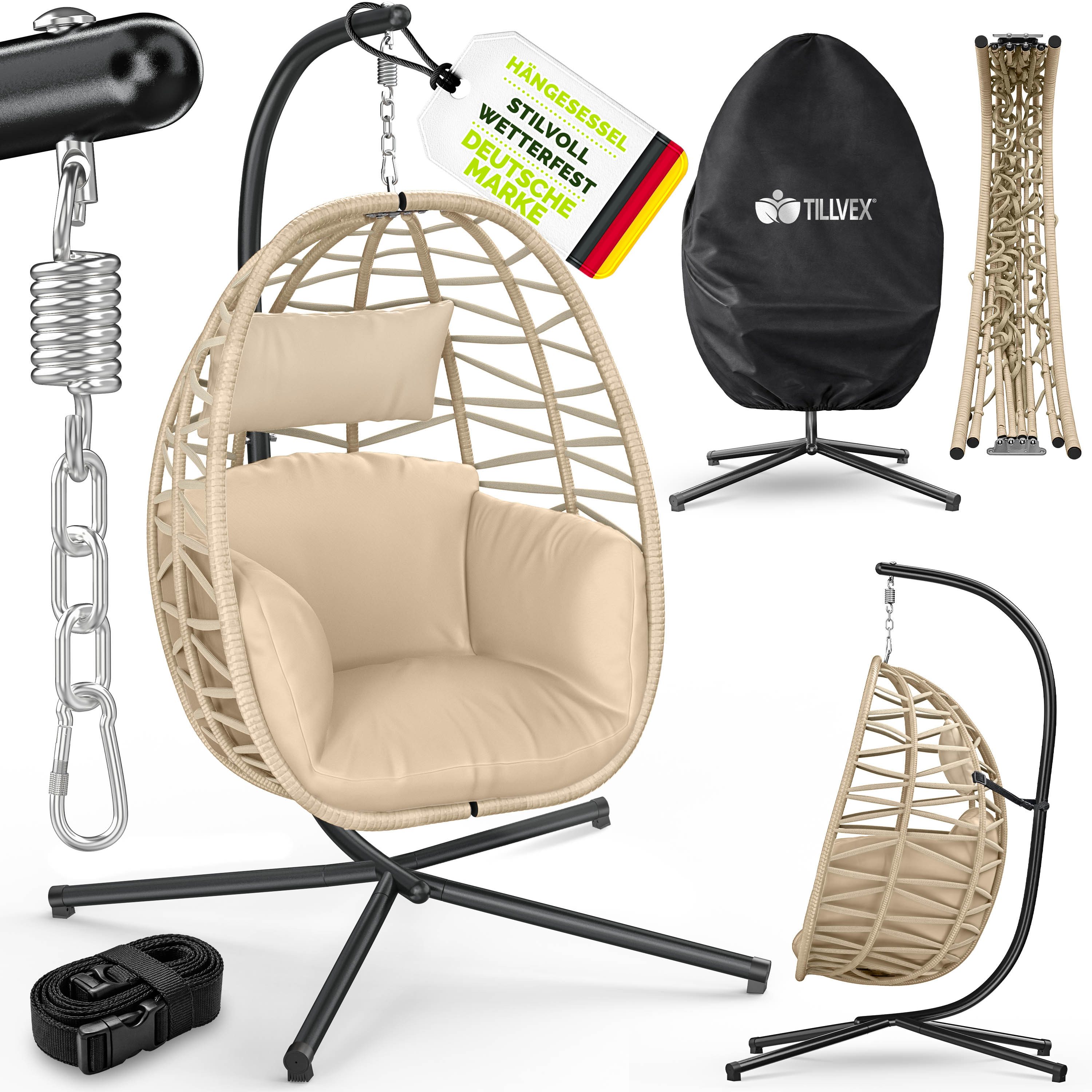tillvex Hängesessel tillvex® Swivo Hängesessel mit Gestell inkl. wetterfester Abdeckung (Hängekorb klappbar bis 150 kg, Hängesitz aus Rattan, Hängestuhl für Indoor Garten Balkon Terrasse), mit Gestell Outdoor & wetterfester Abdeckung mit Befestigung