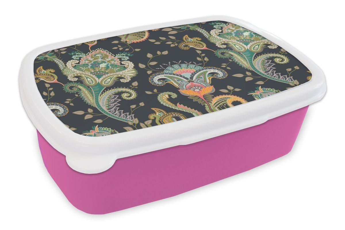 MuchoWow Lunchbox Blumen - Chic - Vintage - Bohème - Muster, Kunststoff, (2-tlg), Brotbox für Erwachsene, Brotdose Kinder, Snackbox, Mädchen, Kunststoff rosa