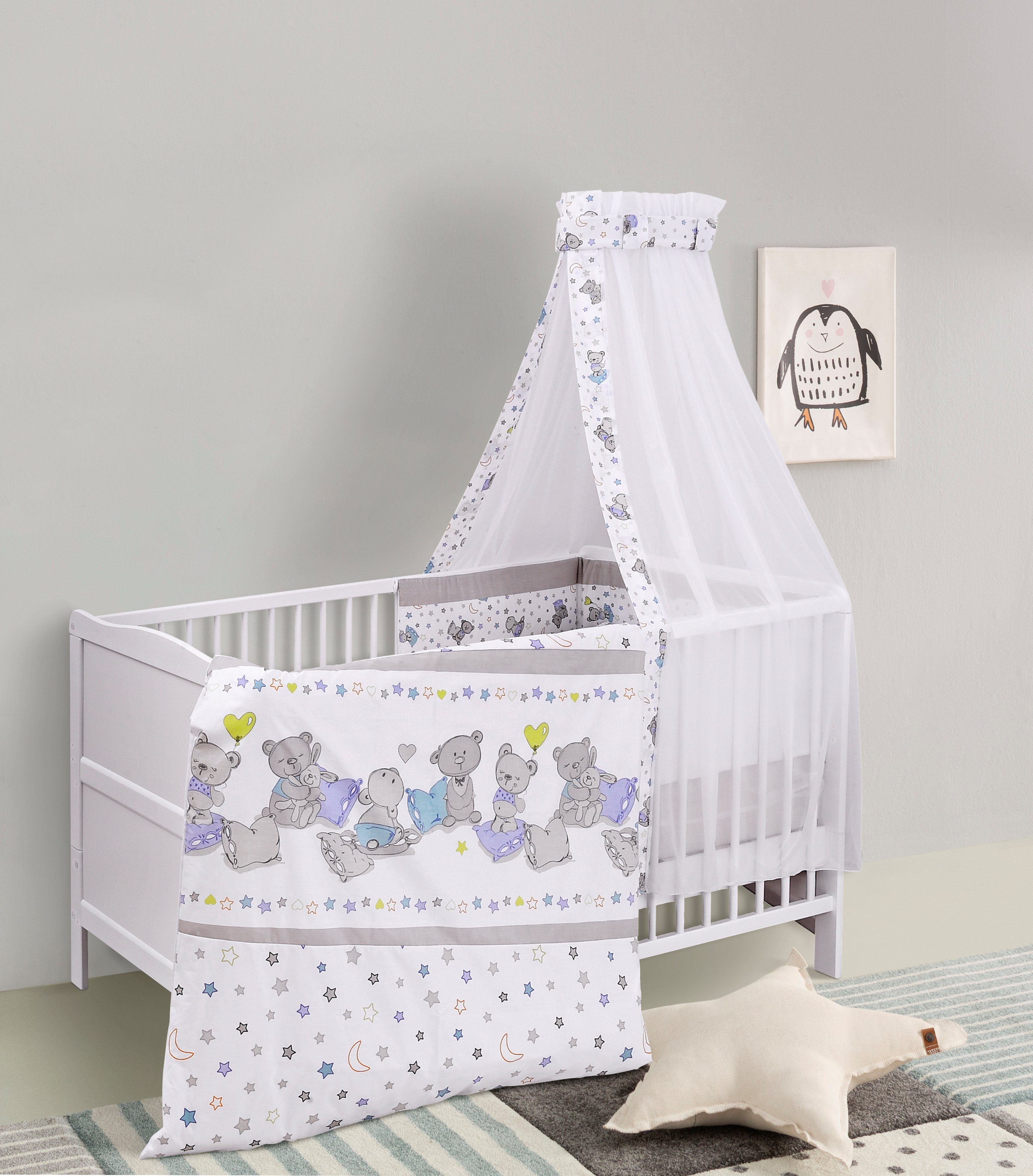 Lüttenhütt Babybett Komplettbett, Textilset "Bärchen", in 2 Größen, 4-tlg., mit Bettbezug, Bettumrandung, Himmel, Matratze, Himmelstange
