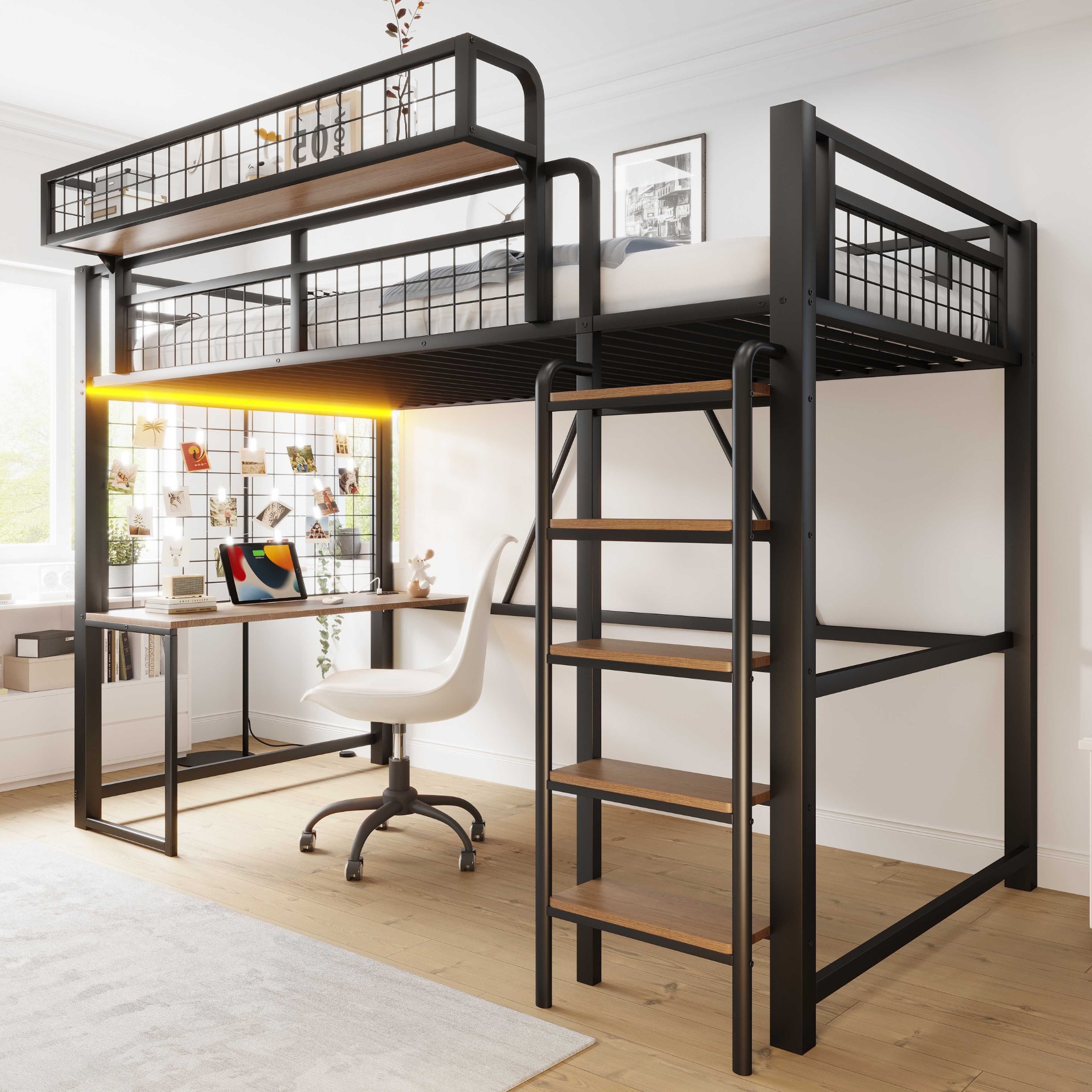 BlingBin Hochbett Jugendbett Metallbett mit Schutzgeländer und Schreibtisch,90 x 200 cm (2 Packung, 1-St., LED-Beleuchtung und Steckdose, Mit Leiter, Schwarz) Mit Kreativem Aufbewahrungsnetz, Abnehmbarem Ablagekorb