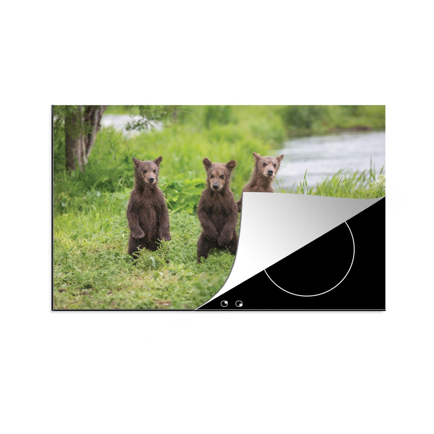 MuchoWow Herdblende-/Abdeckplatte Bären - Blumen - Gras - Familie, Vinyl, (1 tlg), 81x52 cm, Induktionskochfeld Schutz für die küche, Ceranfeldabdeckung