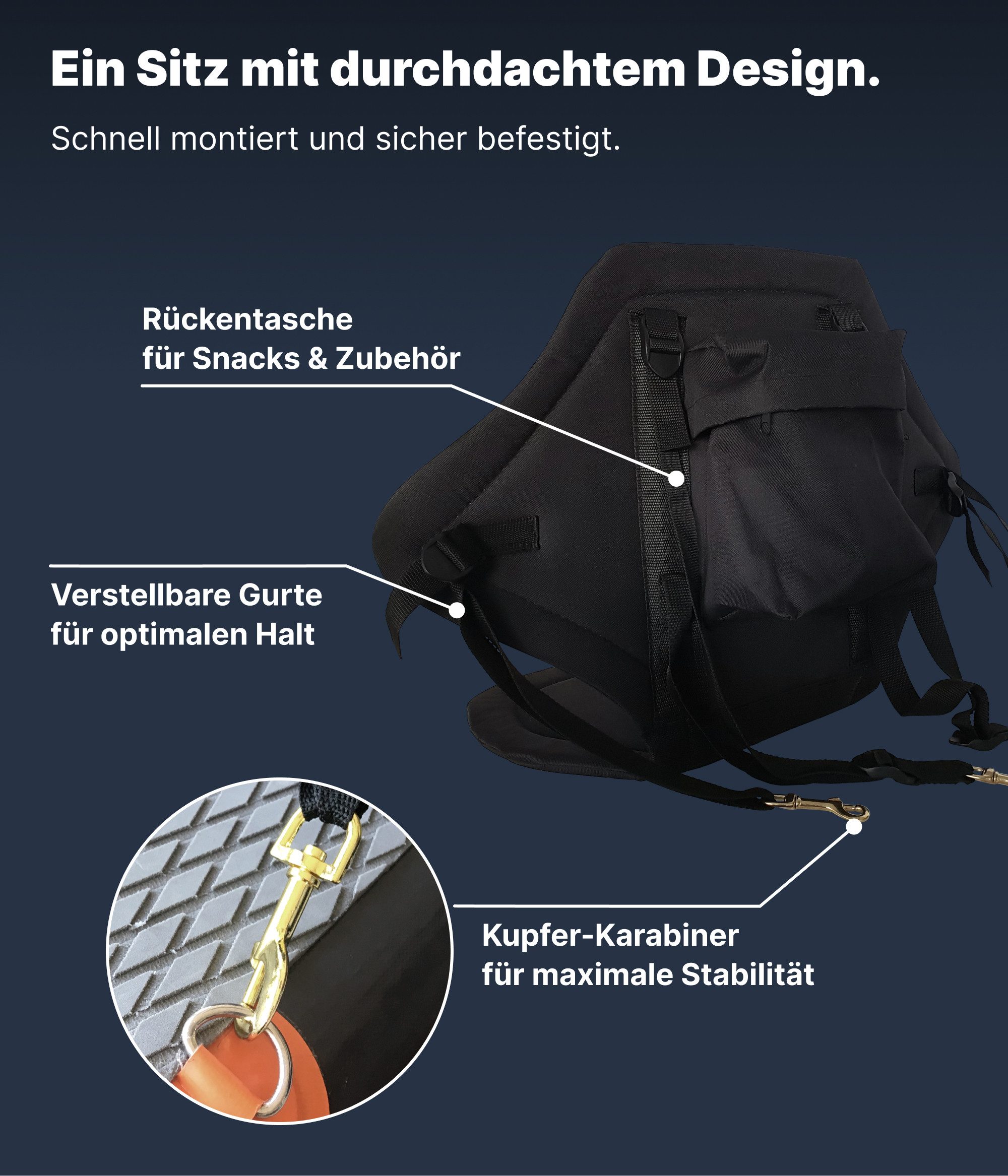 NEMAXX SUP-Rückenlehne Komfort-Sitz für SUP, Kajak & Kanu Weich (mit hoher Rückenlehne, großer Sitzfläche, 4-Punkt-Befestigung), mit Rückentasche, Metallhaken, verstellbaren Gurten & Zubehör