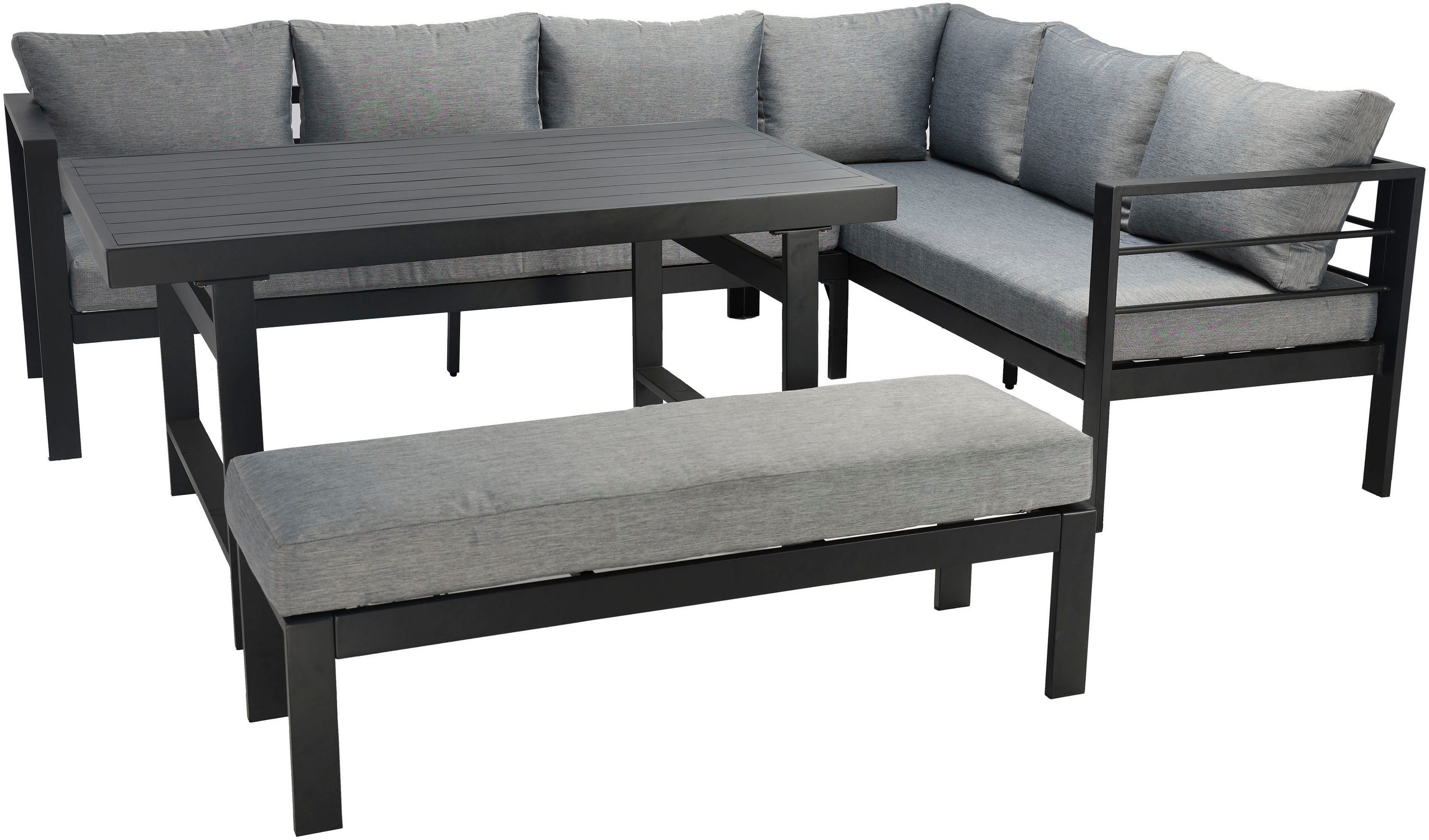 KONIFERA Gartenlounge-Set New Jersey, (Set, 14-tlg., 2x Sofa, 1x Bank, 1x Tisch, 3x Sitzauflage, 7x Rückenkissen), bestehend aus 2 Sofas, 1 Bank, 10 Sitz- und Rückenkissen, 1 Tisch