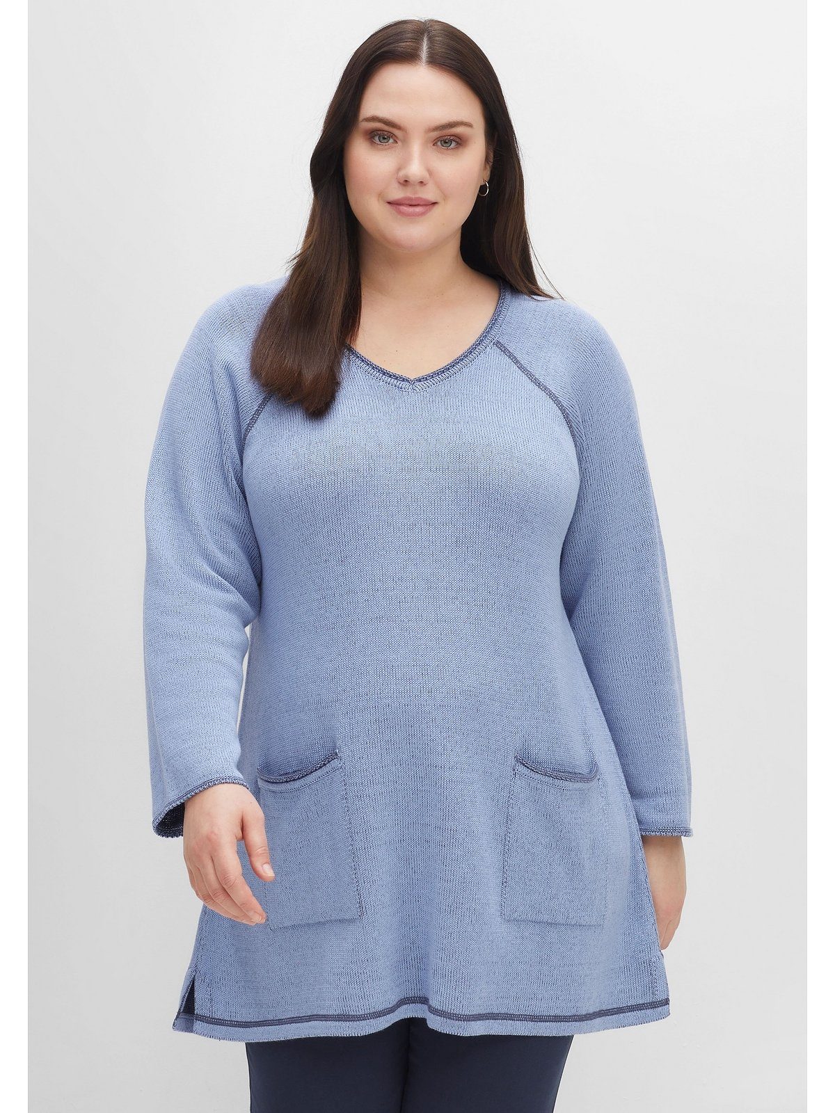 Größen Taschen und Seitenschlitzen V-Ausschnitt-Pullover Große mit Sheego