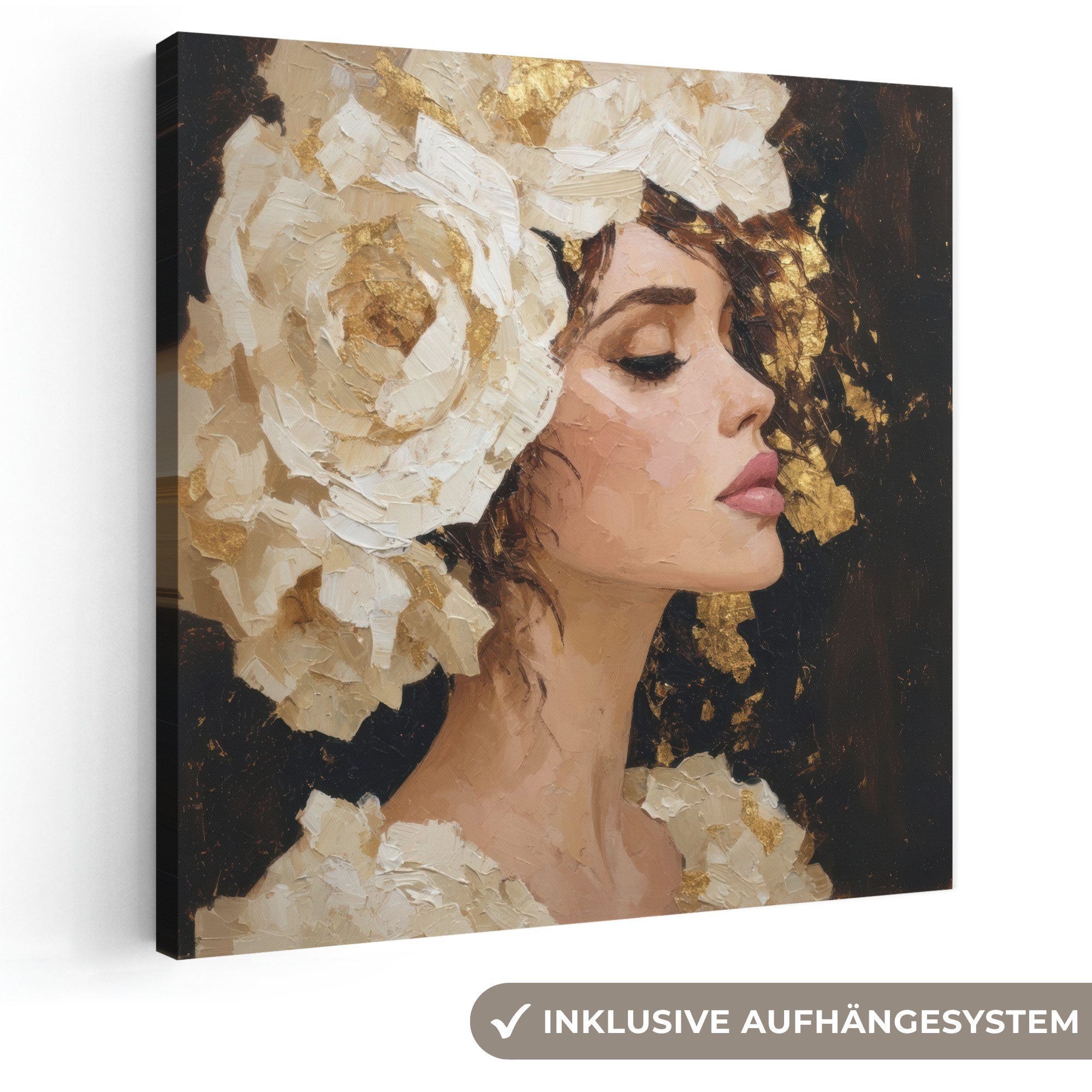 OneMillionCanvasses® Leinwandbild Abstrakt - Frau - Blumen - Weiß, Fotodruck (1 St), Wandbild, Deko Schlafzimmer Wohnzimmer Flur 20x20 cm