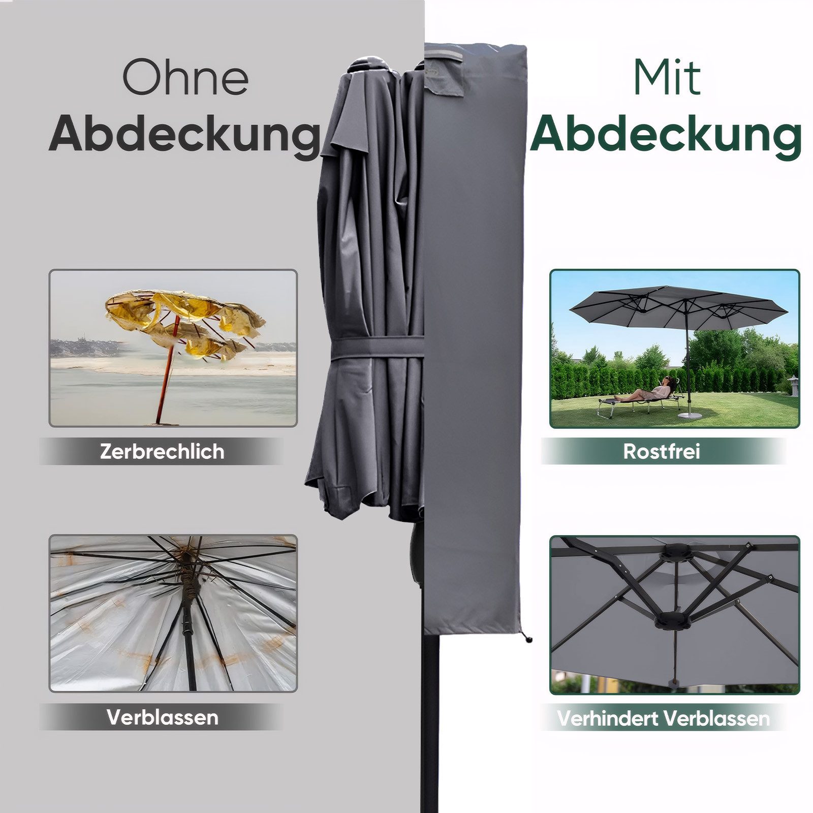 Sekey Sonnenschirm-Schutzhülle für Doppelsonnenschirm Schutzhülle Terrassenschirm mit Handkurbel Oval, aus 600D Oxford, mit Stab und Reißverschluss, Winterfest, – Bild 5 von 5