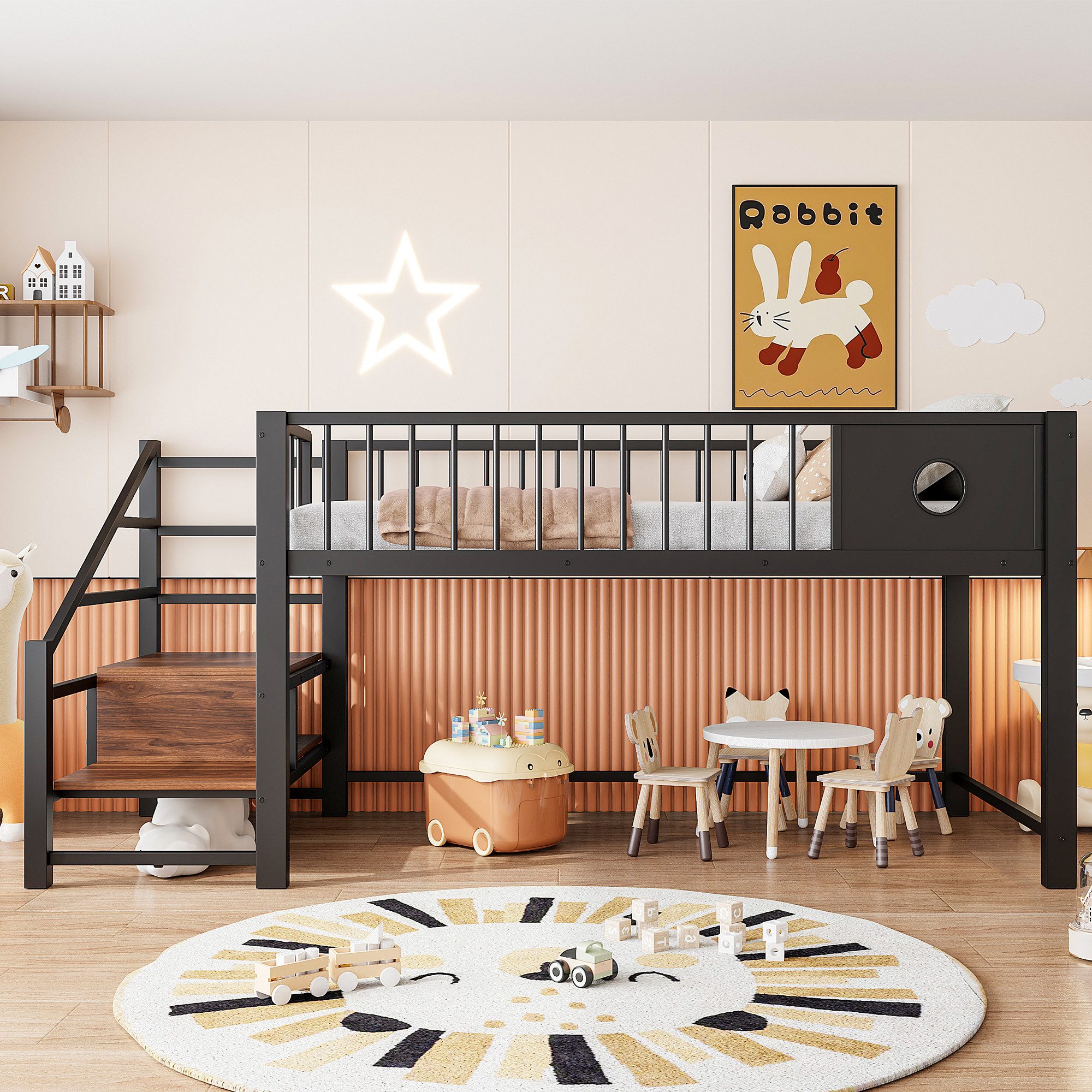 Flieks Kinderbett, Niedriges Hochbett Metallbett 90×200cm mit Aufbewahrungstreppe