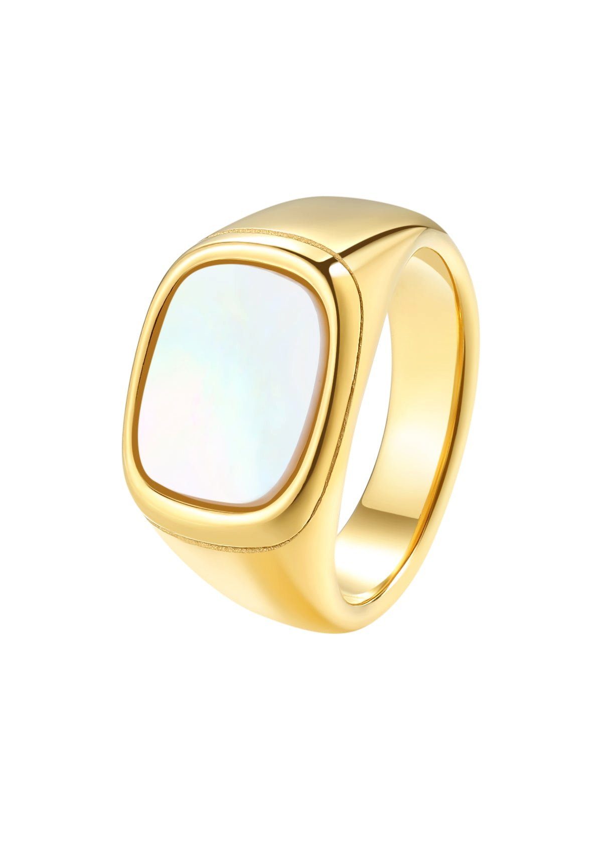 Hey Happiness Fingerring Siegelring Rechteck Muschel, 18K Vergoldet, Edelstahl Ring in Gold, Damenring Perlmutt schimmernd, wasserfest