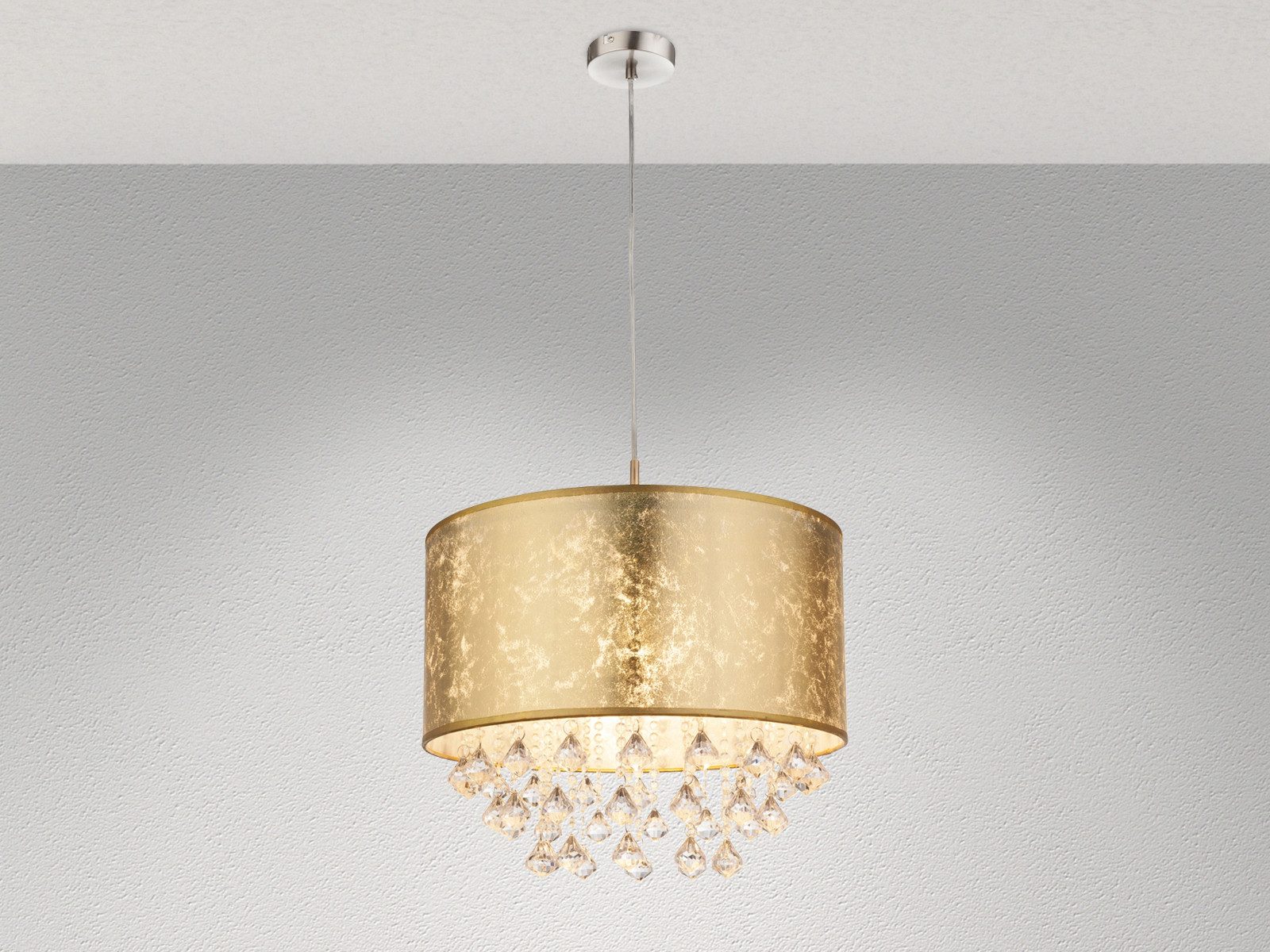 GLOBO LIGHTING LED Pendelleuchte Stoff mit Acryl Kristall Behang Ø 40cm, Dimmfunktion, LED wechselbar, warmweiß, hängend besondere Hängelampe einflammig mit Lampenschirm in Goldoptik