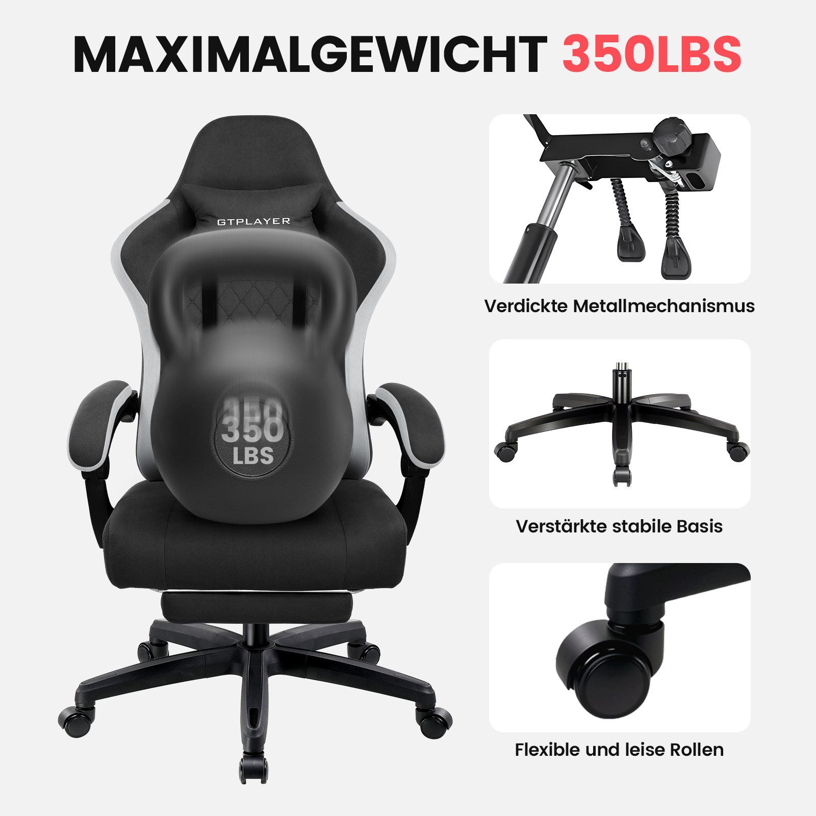 GTPLAYER Gaming-Stuhl Gaming Stuhl Stoff, Gaming Sessel mit Taschenfederkissen, Drehstuhl, Gamer Stuhl mit Fußstütze150 kg – Bild 3 von 5